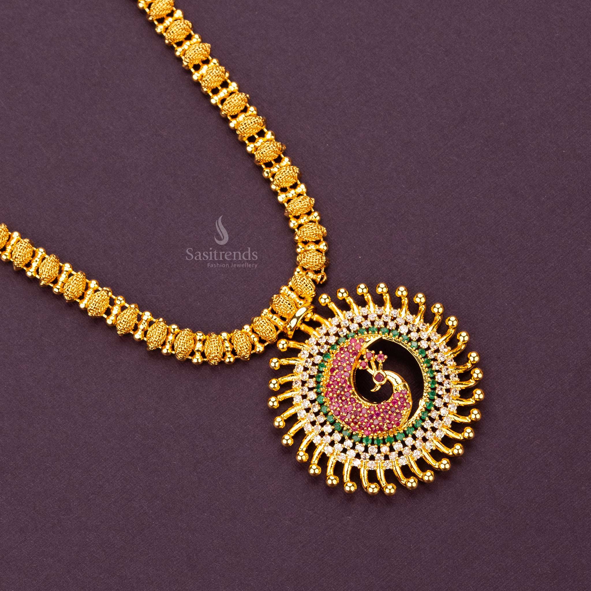 One Gram Micro Gold-Plated Peacock Motif Necklace with American Diamond Stone Studded Pendant | Sasitrends - Image 3