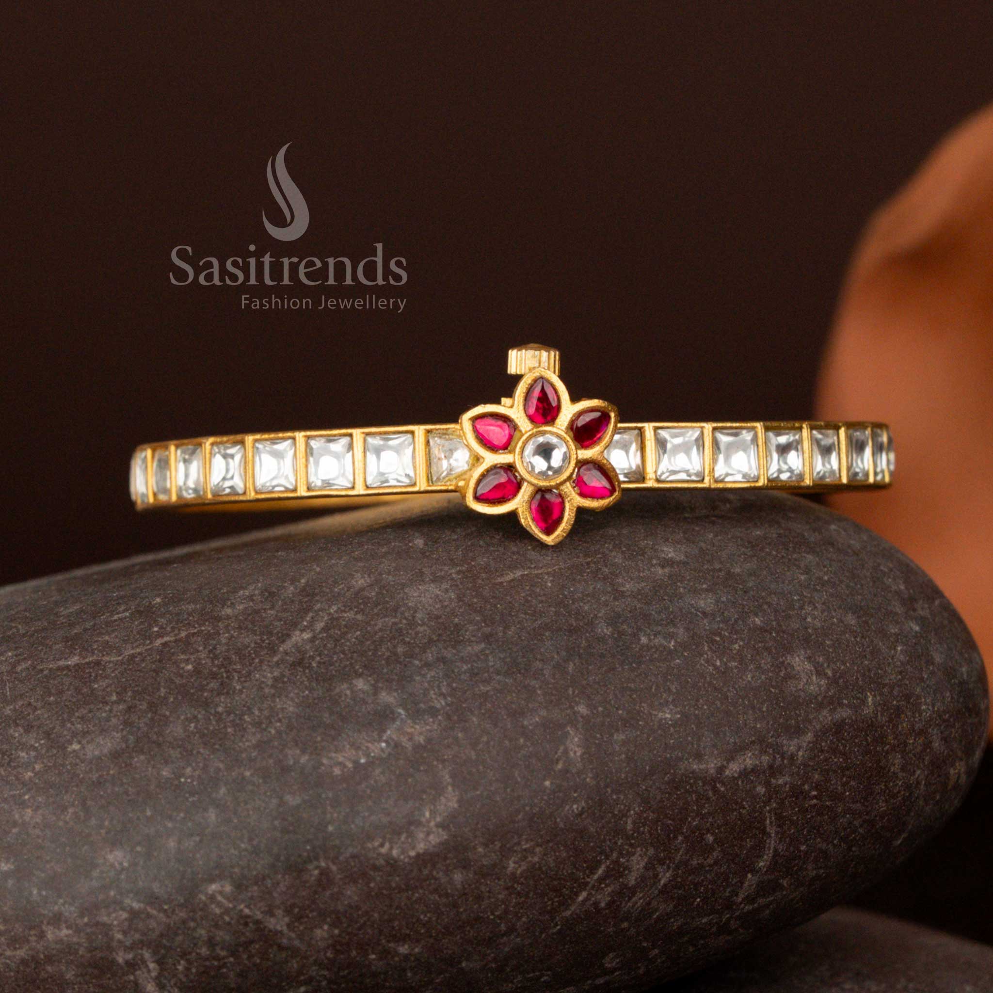Traditional Jadau Kundan American Diamond Stone Flower Square Pattern 24K Gold Plated Openable Bangle - Image 6