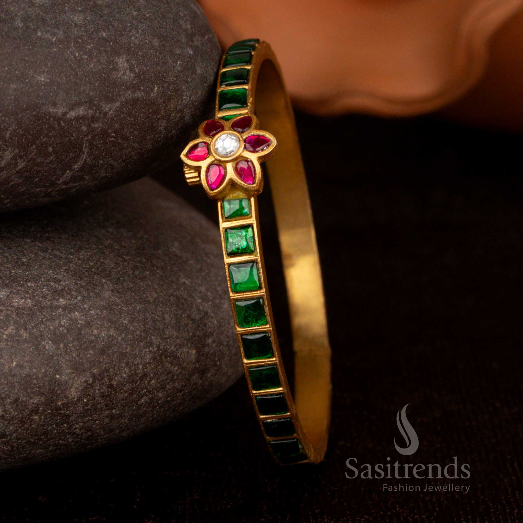 Traditional Jadau Kundan American Diamond Stone Flower Square Pattern 24K Gold Plated Openable Bangle - Image 7