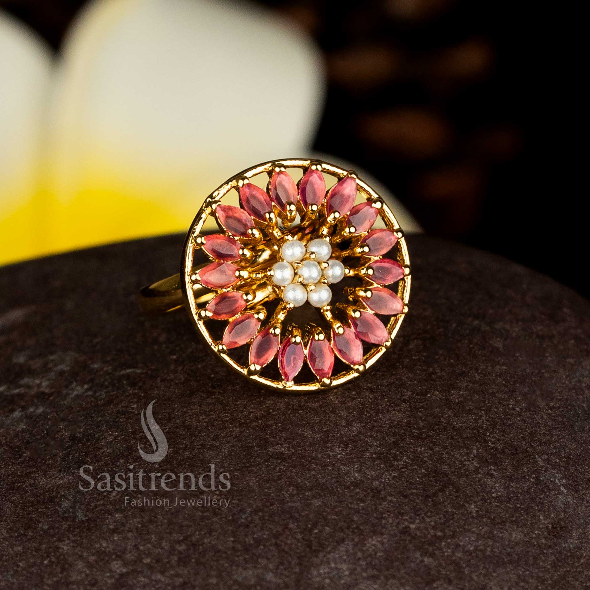 Guaranteed Traditional One Gram 24K Micro Gold Plated Pearl Floral Cocktail Ring | Festive wear - Image 2