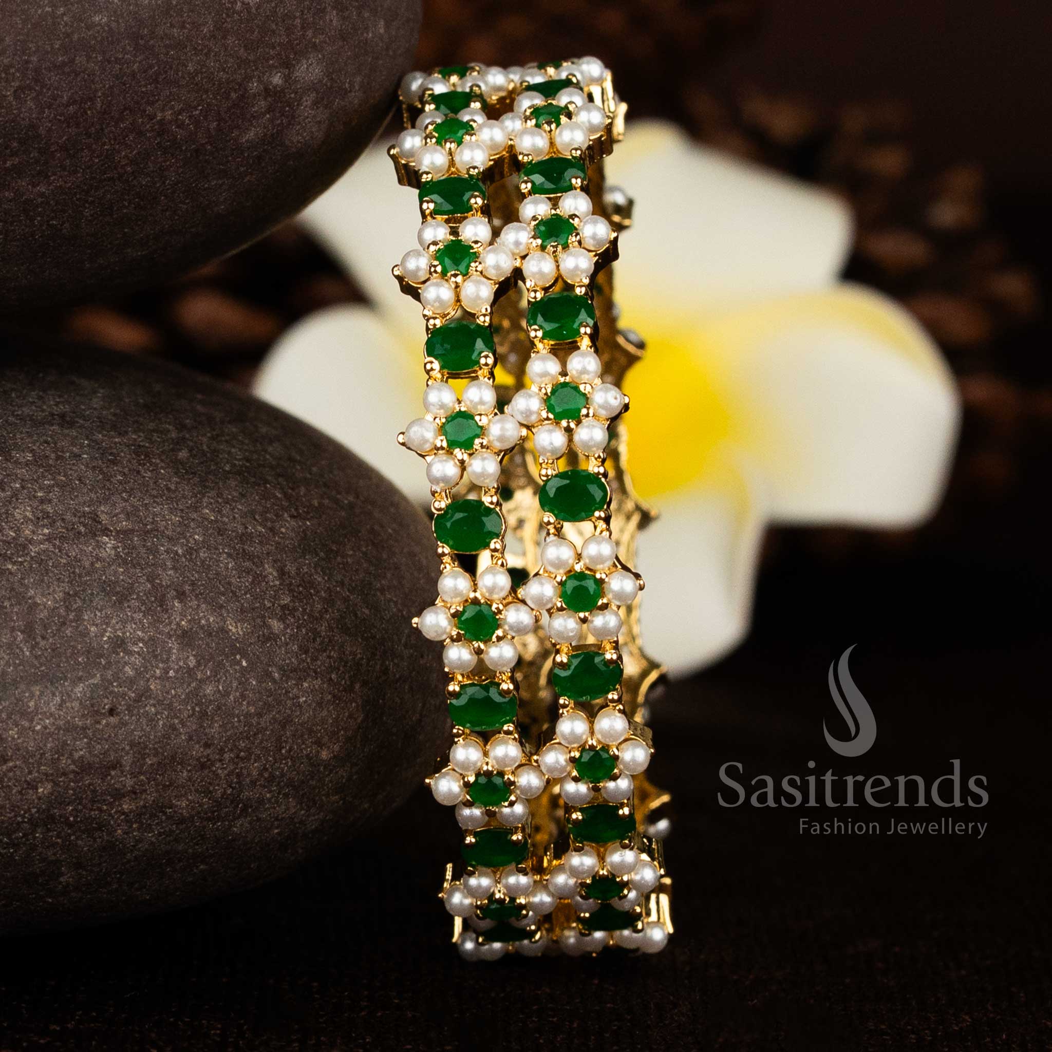 Fabulous 24K Real Gold Look Micro Gold Plated Pearl Floral Oval AD Stone Bangles | Guaranteed - Image 3