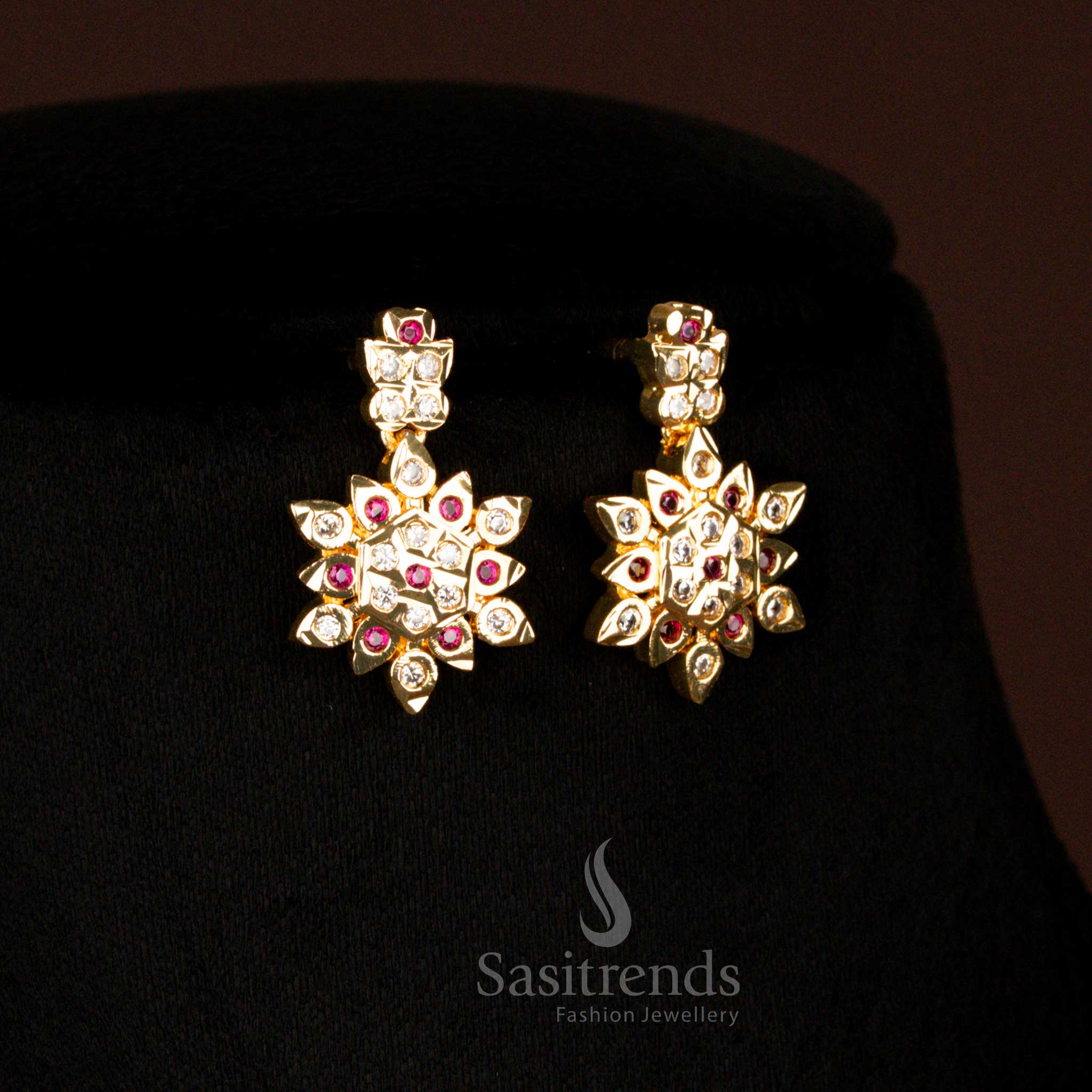 Guaranteed Traditional Wear Impon Addigai Micro Gold Plated Floral AD Necklace Jewellery Set | Real Gold Look - Image 10