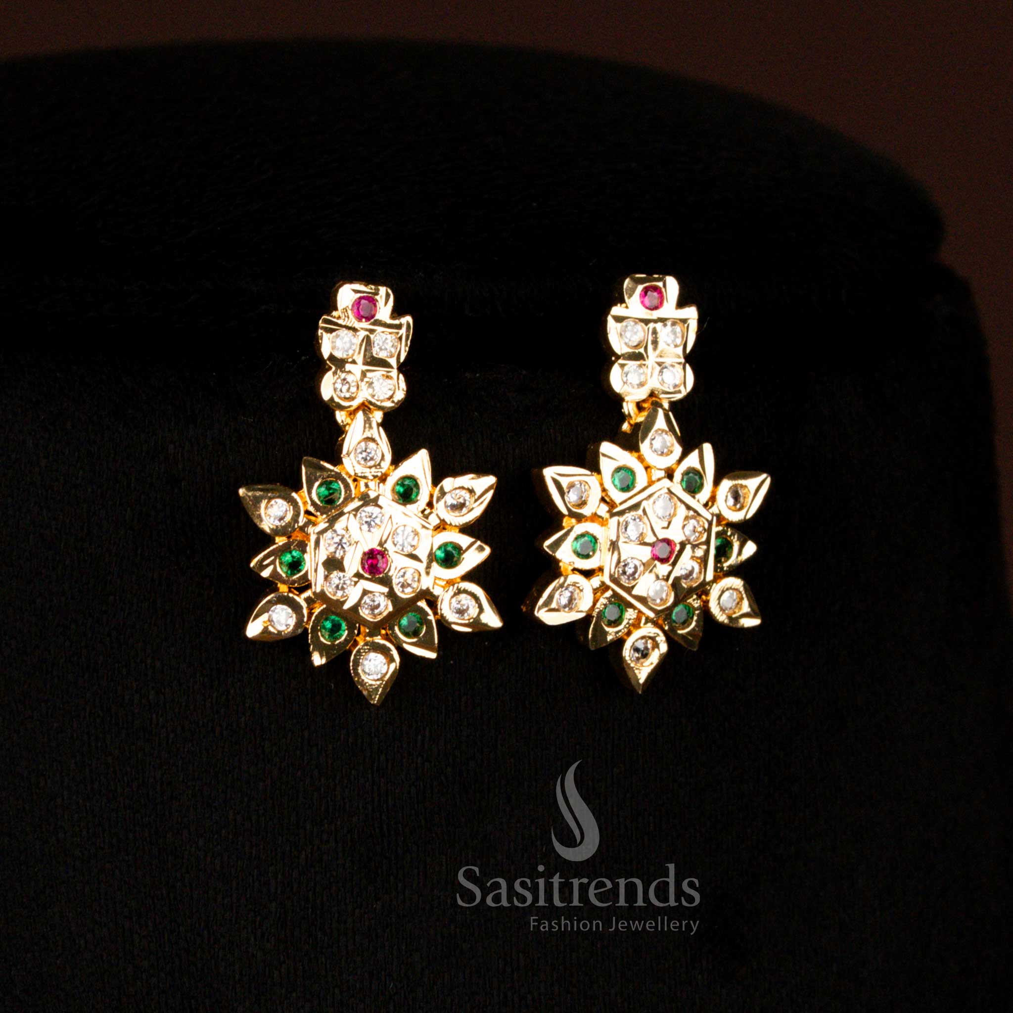 Guaranteed Traditional Wear Impon Addigai Micro Gold Plated Floral AD Necklace Jewellery Set | Real Gold Look - Image 3