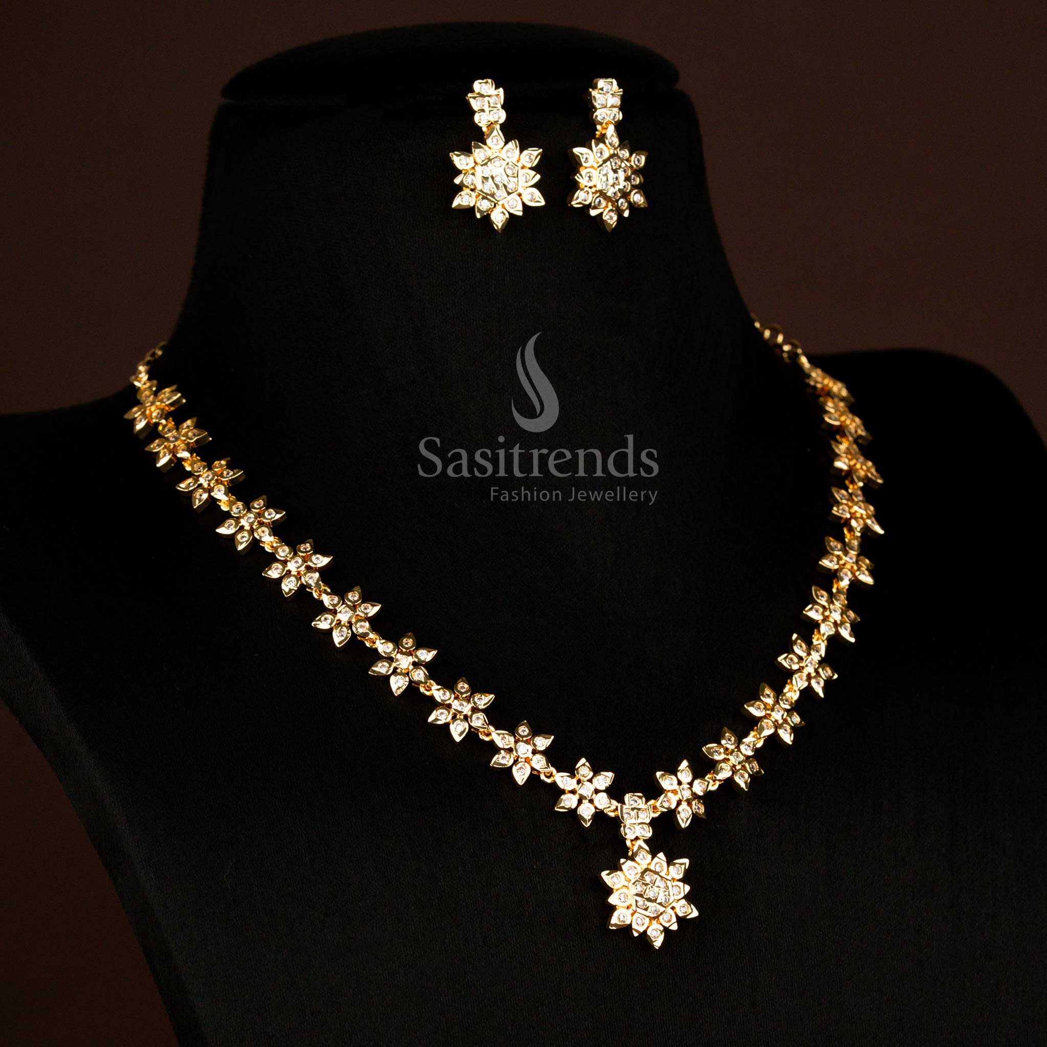 Guaranteed Traditional Wear Impon Addigai Micro Gold Plated Floral AD Necklace Jewellery Set | Real Gold Look - Image 4