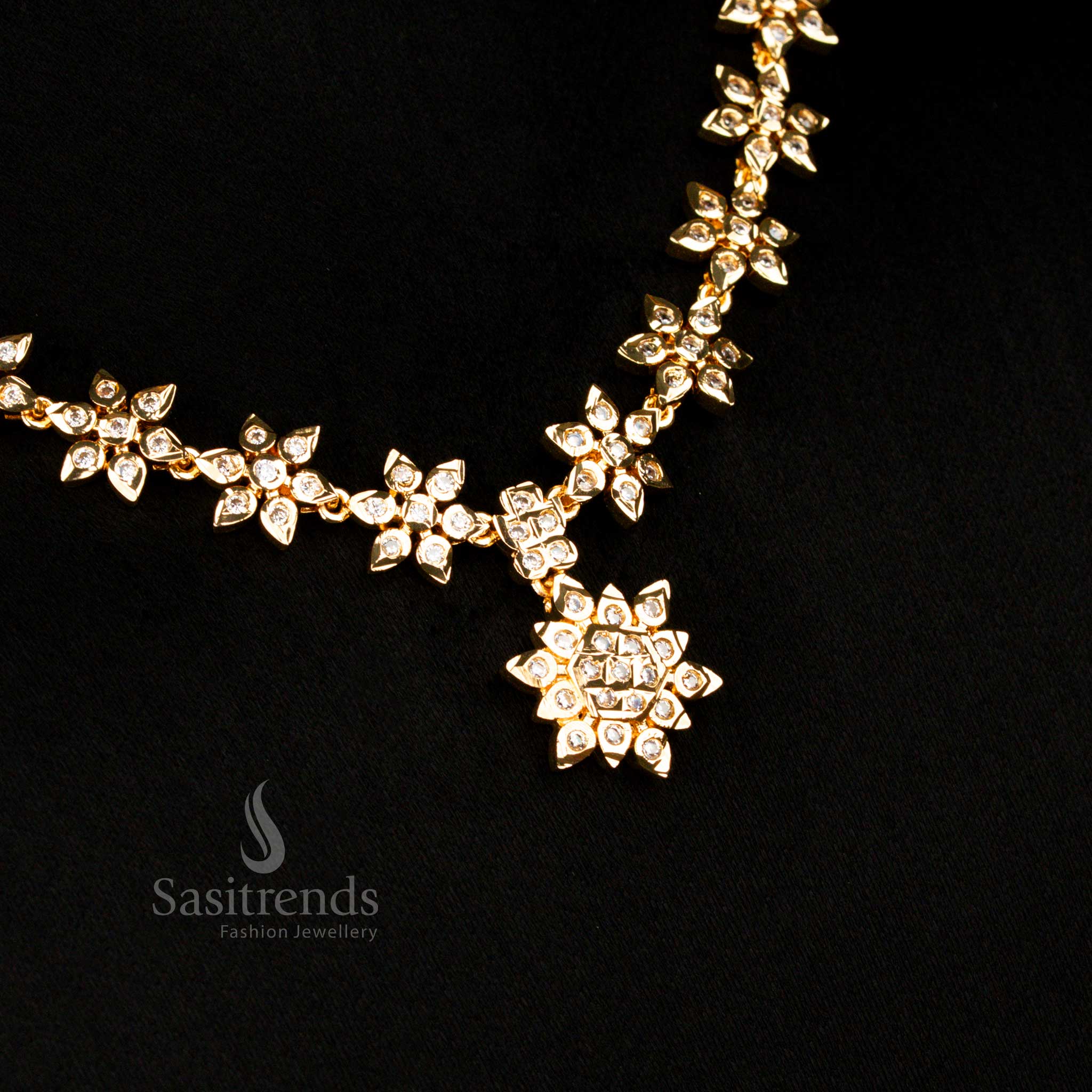 Guaranteed Traditional Wear Impon Addigai Micro Gold Plated Floral AD Necklace Jewellery Set | Real Gold Look - Image 5
