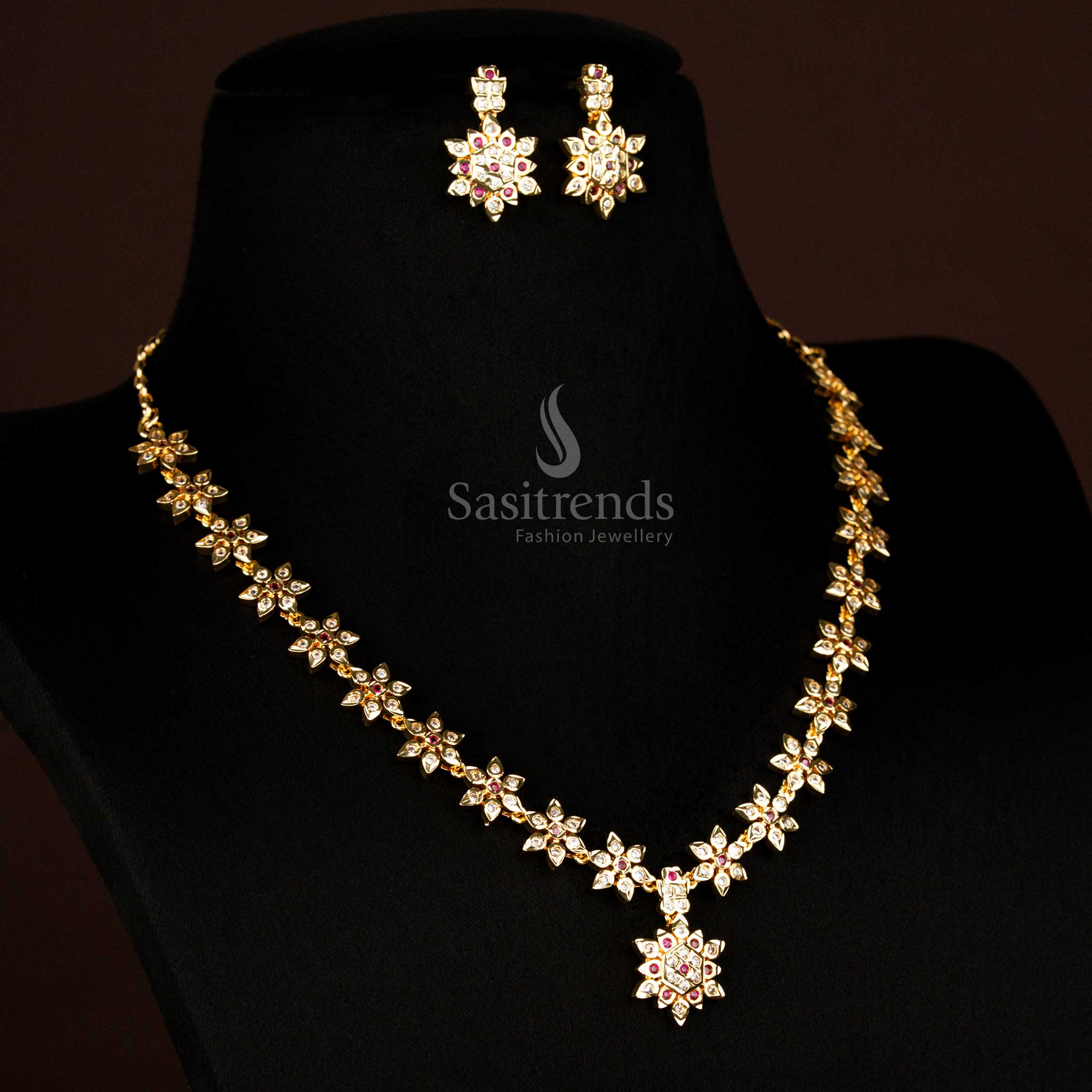 Guaranteed Traditional Wear Impon Addigai Micro Gold Plated Floral AD Necklace Jewellery Set | Real Gold Look - Image 7