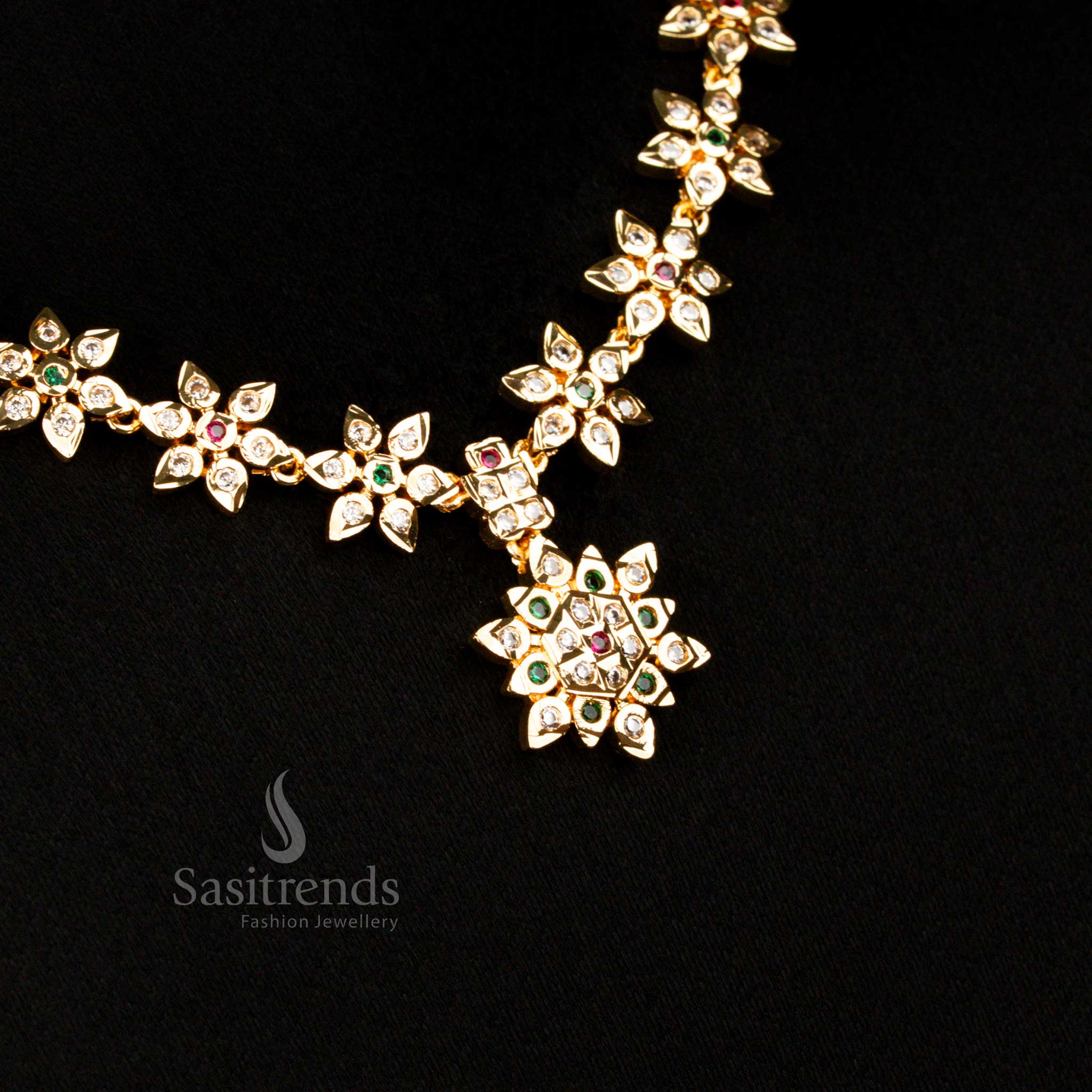 Guaranteed Traditional Wear Impon Addigai Micro Gold Plated Floral AD Necklace Jewellery Set | Real Gold Look - Image 9