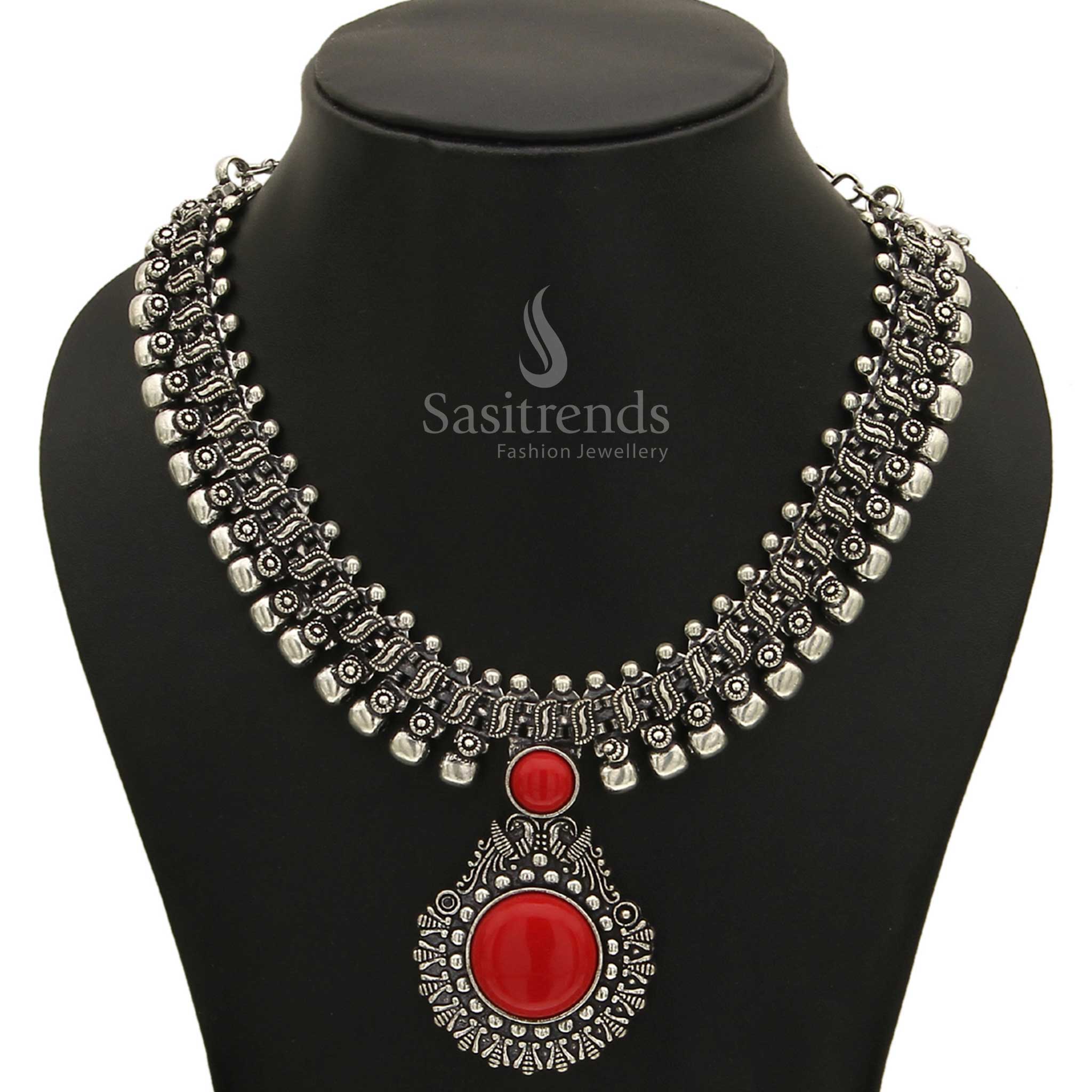Haarini Oxidised Silver Necklace with Gemstone Pendant - Sasitrends - Image 2