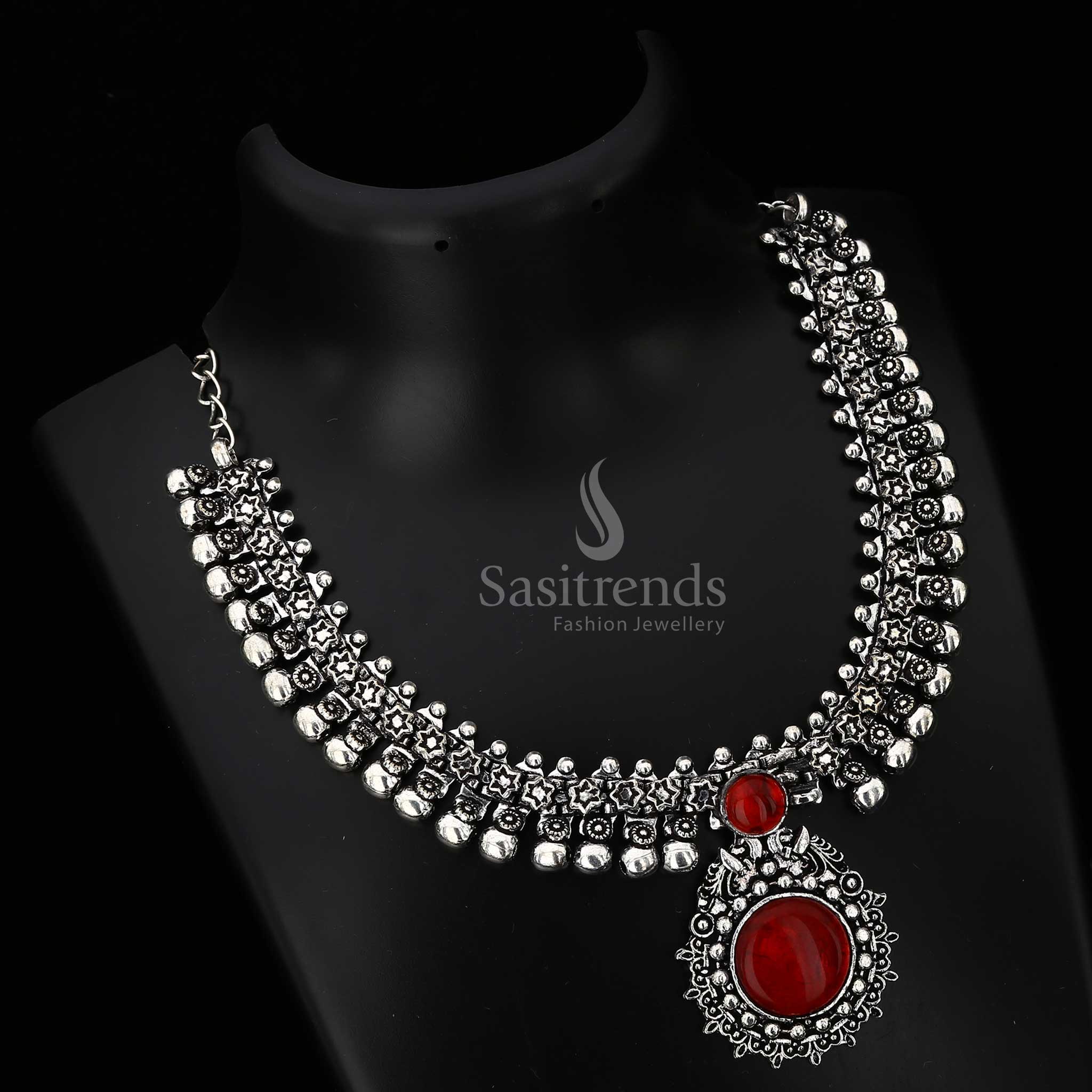 Haarini Oxidised Silver Necklace with Gemstone Pendant - Sasitrends - Image 3