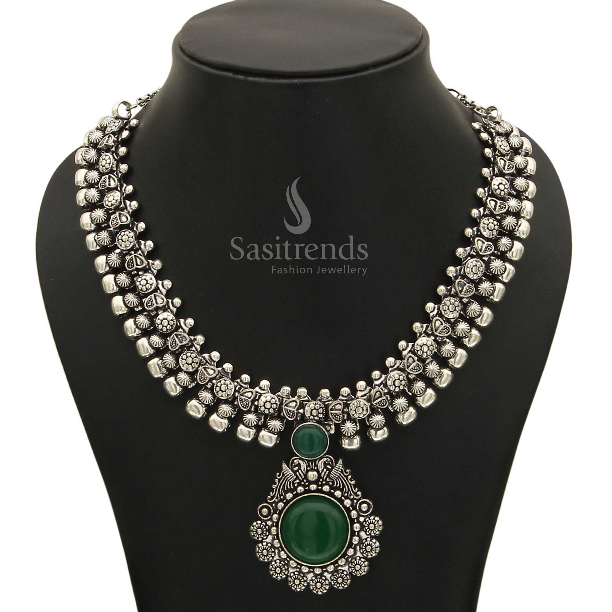 Haarini Oxidised Silver Necklace with Gemstone Pendant - Sasitrends - Image 4