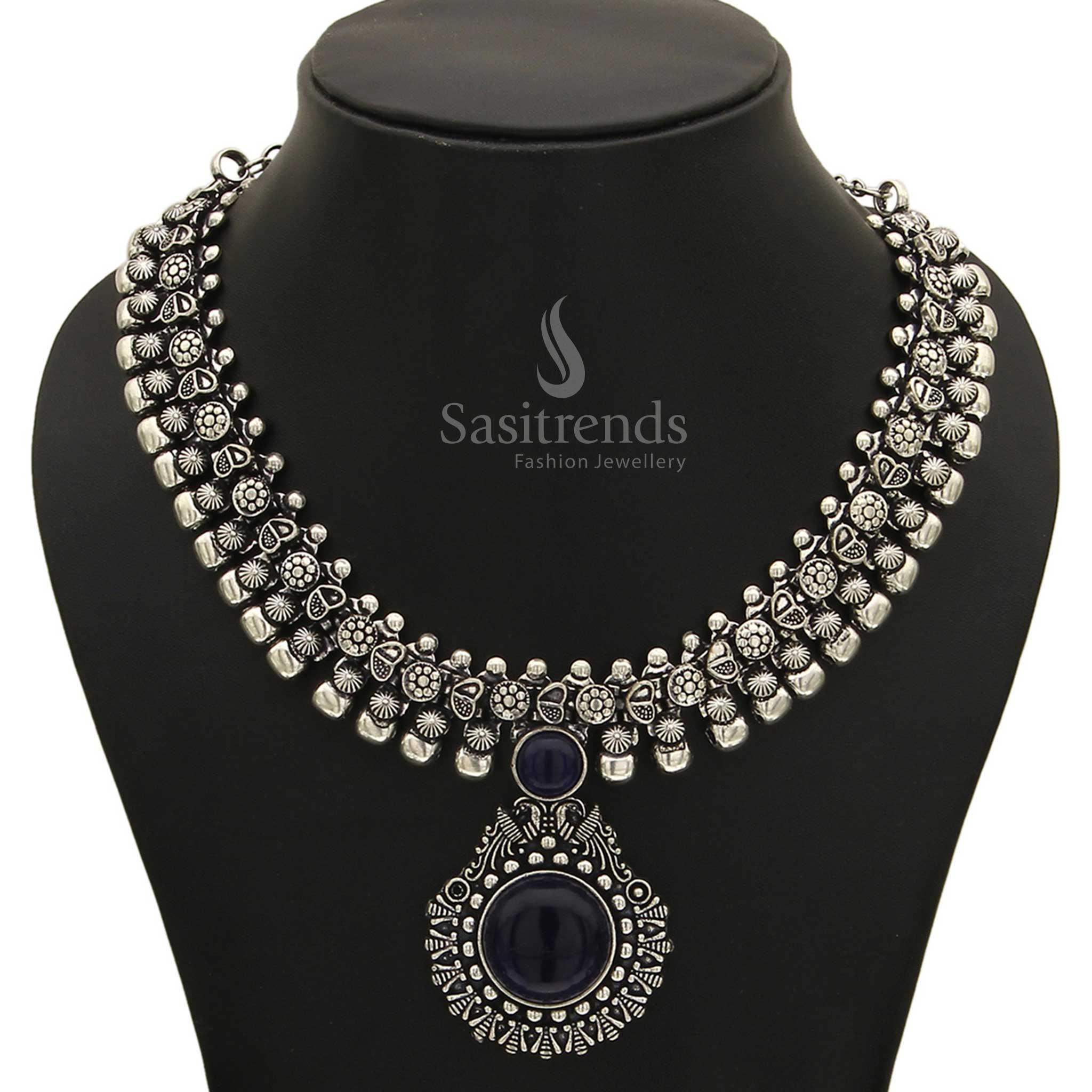 Haarini Oxidised Silver Necklace with Gemstone Pendant - Sasitrends - Image 5