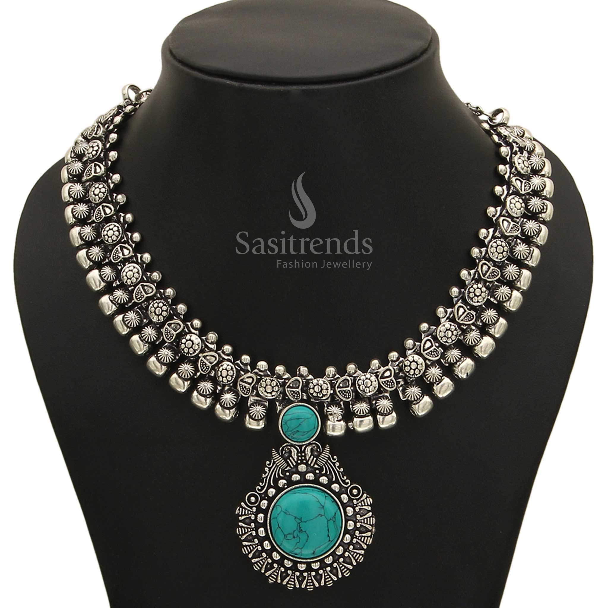 Haarini Oxidised Silver Necklace with Gemstone Pendant - Sasitrends - Image 7
