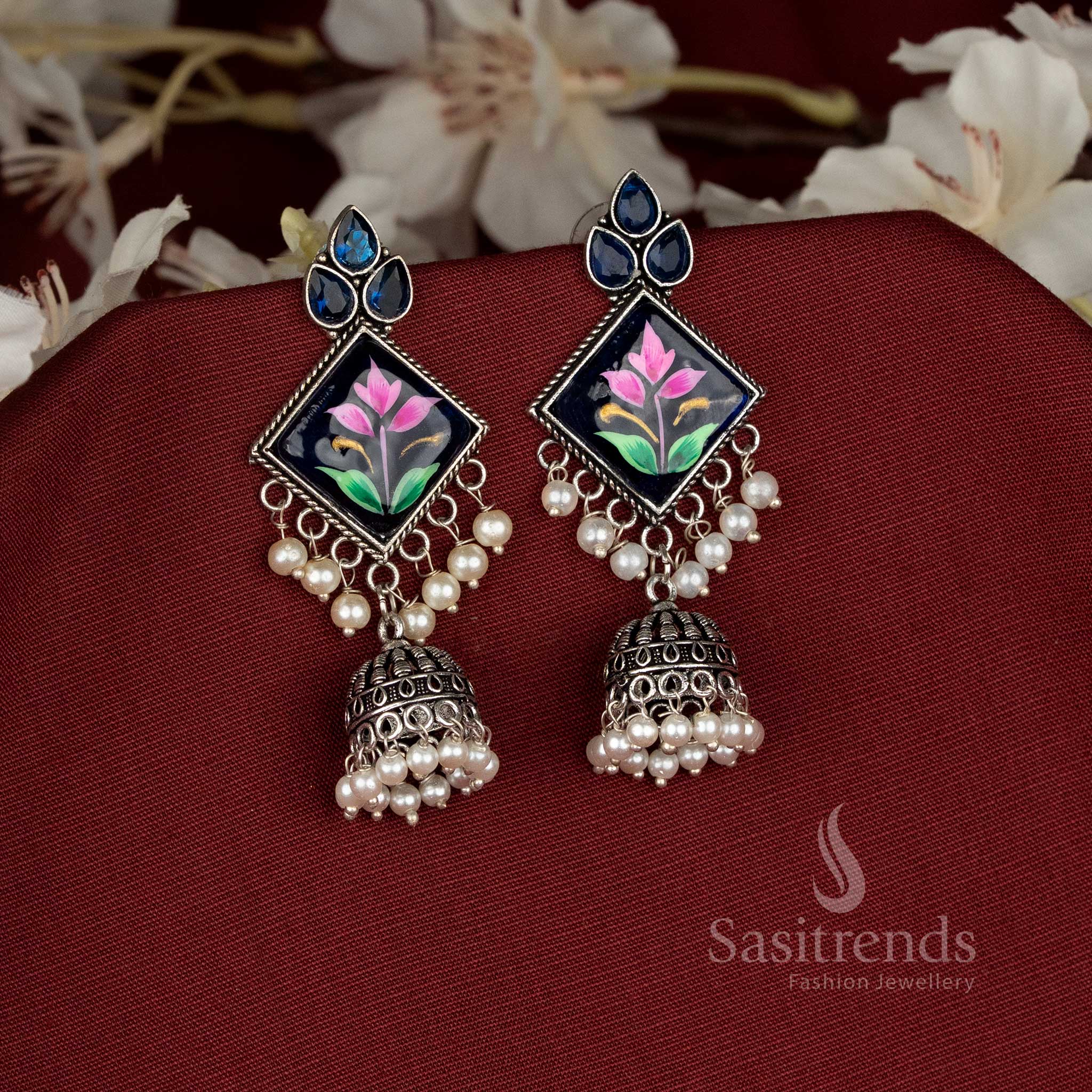 Hand-Painted Monalisa Stone Oxidised Diamond-Cut Jhumka Earrings for Navaratri and Festive Celebration Styling - Image 5