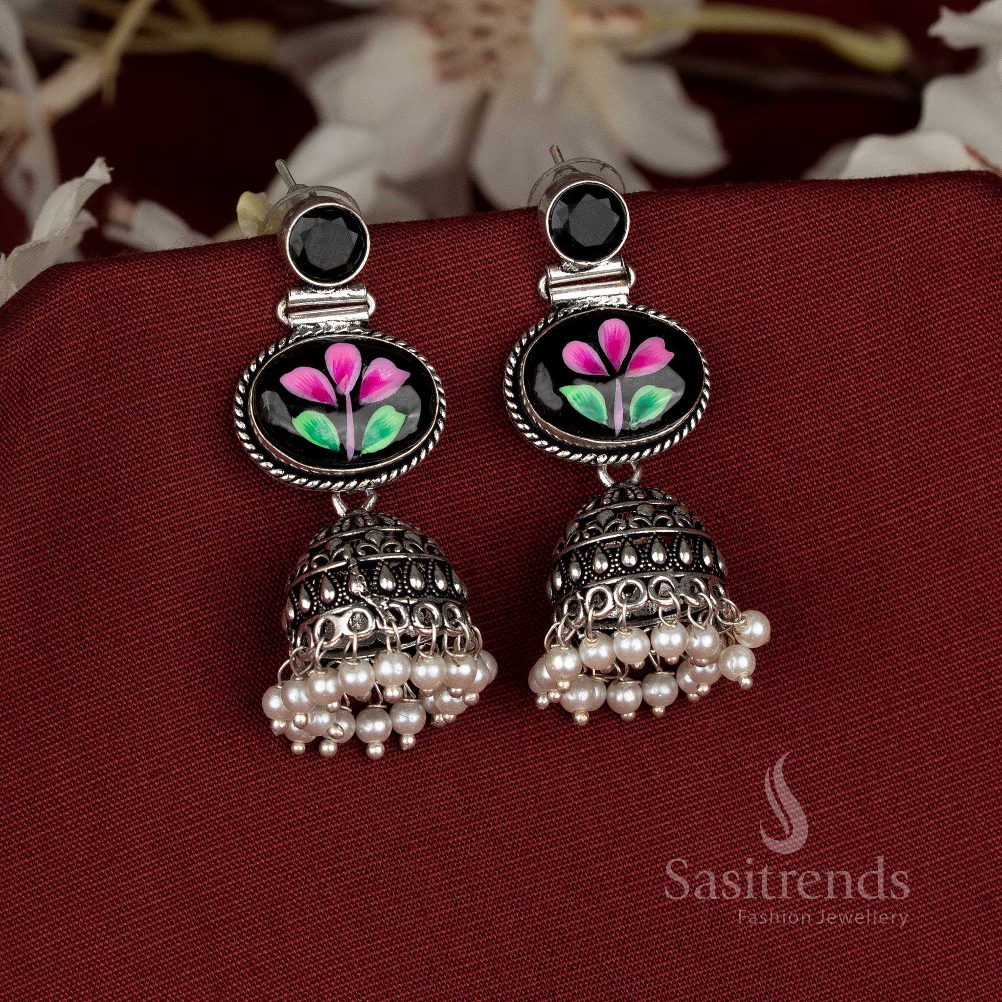 Amazing Hand-Painted Monalisa Oval Stone Oxidised Jhumka Earrings for Navaratri and Festive Celebration Style - Image 4