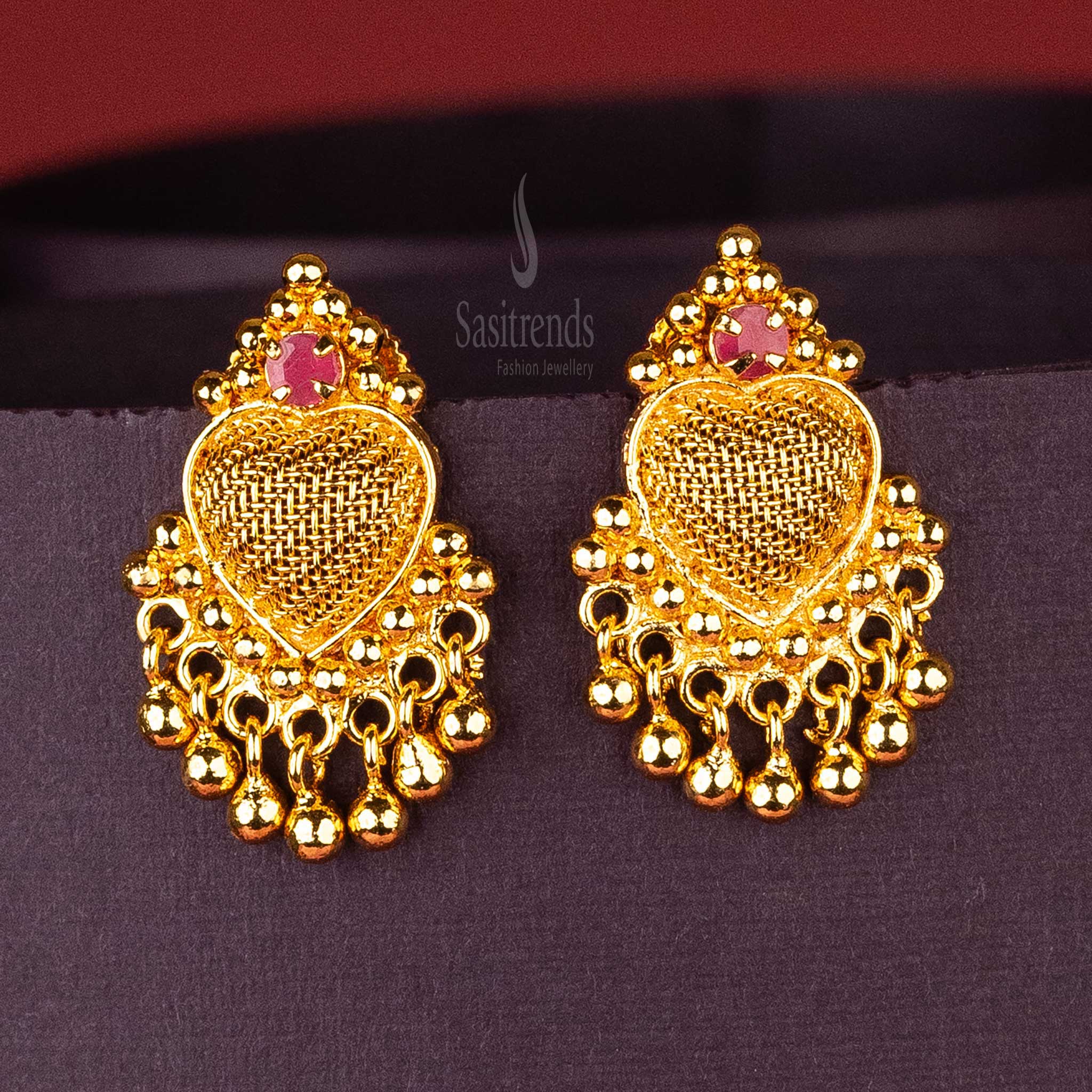 Sasitrends - Traditional One Gram Micro Gold-Plated Heart Mesh Earrings with AD Stone