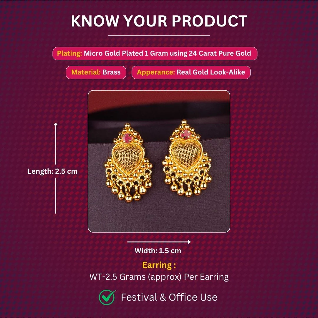 Sasitrends - Traditional One Gram Micro Gold-Plated Heart Mesh Earrings with AD Stone - Image 2