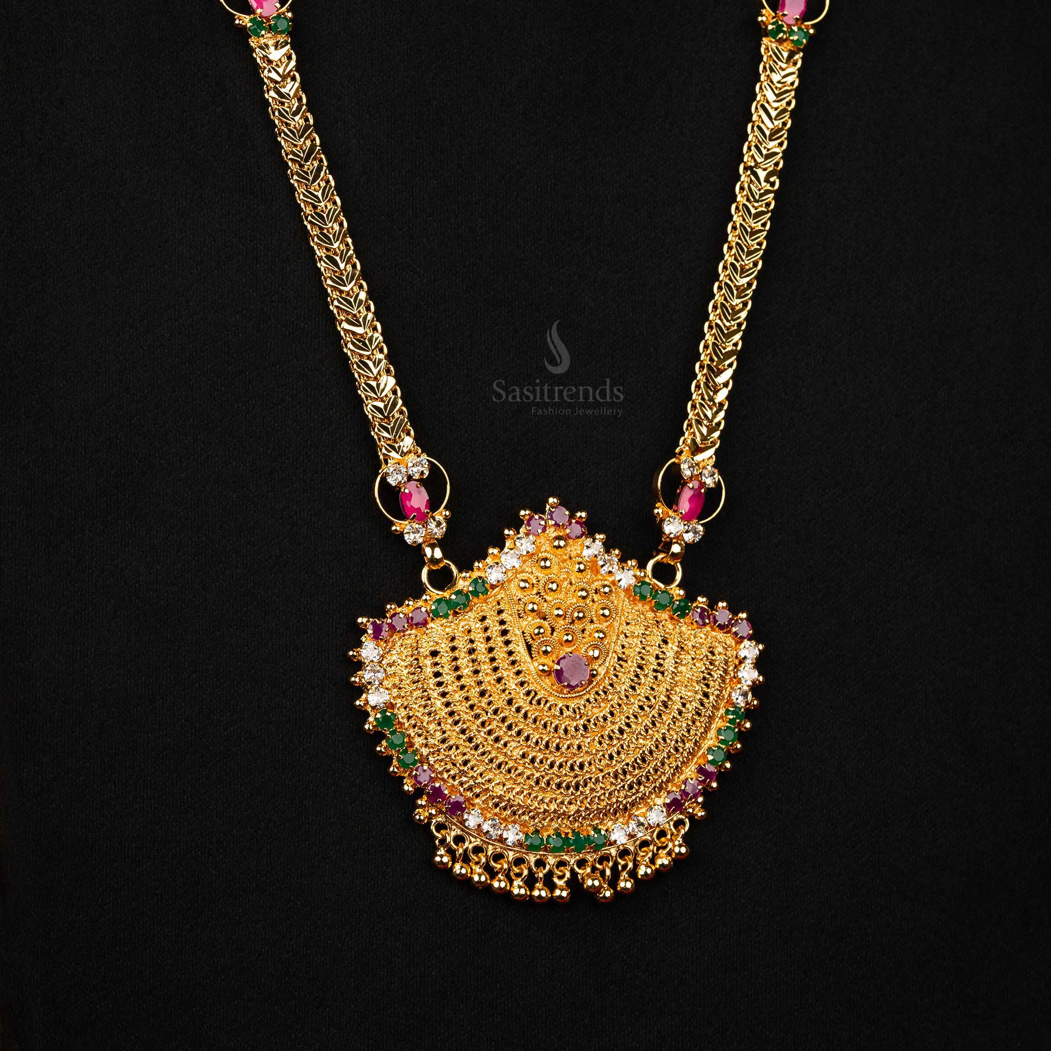 Sasitrends | One Gram Micro Gold Heart Chain with Designer AD Stones Pendant with Hanging Balls - Image 2