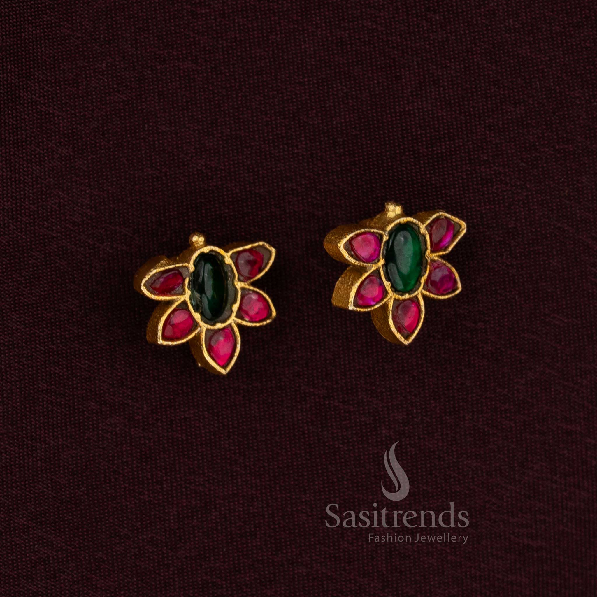 Traditional Gold Plated Jadau Bugadi Lotus Petal Design Kundan Stone Earrings - Image 3