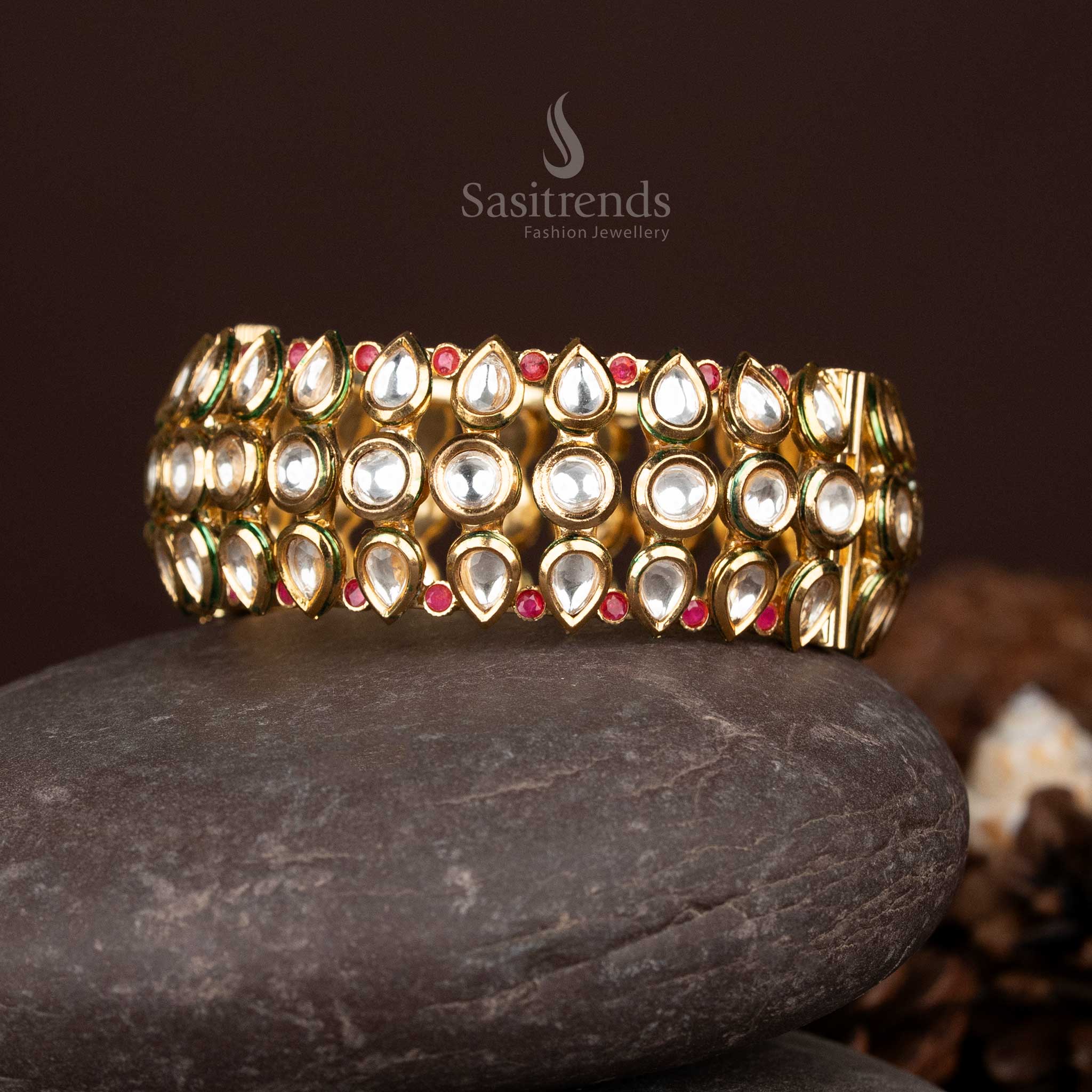 Stylish High Gold Plated Kundan Bangles with Red Accent Stones - Sasitrends - Image 2