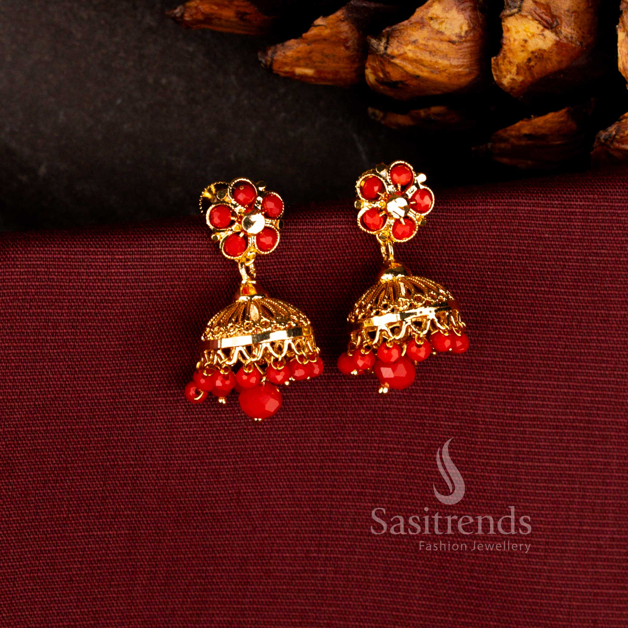 Imperial Guaranteed Micro Gold Plated Filigree Flower Pearl Pavalam Jhumka Earrings with Fringe Dome Pearl Drops - Image 2