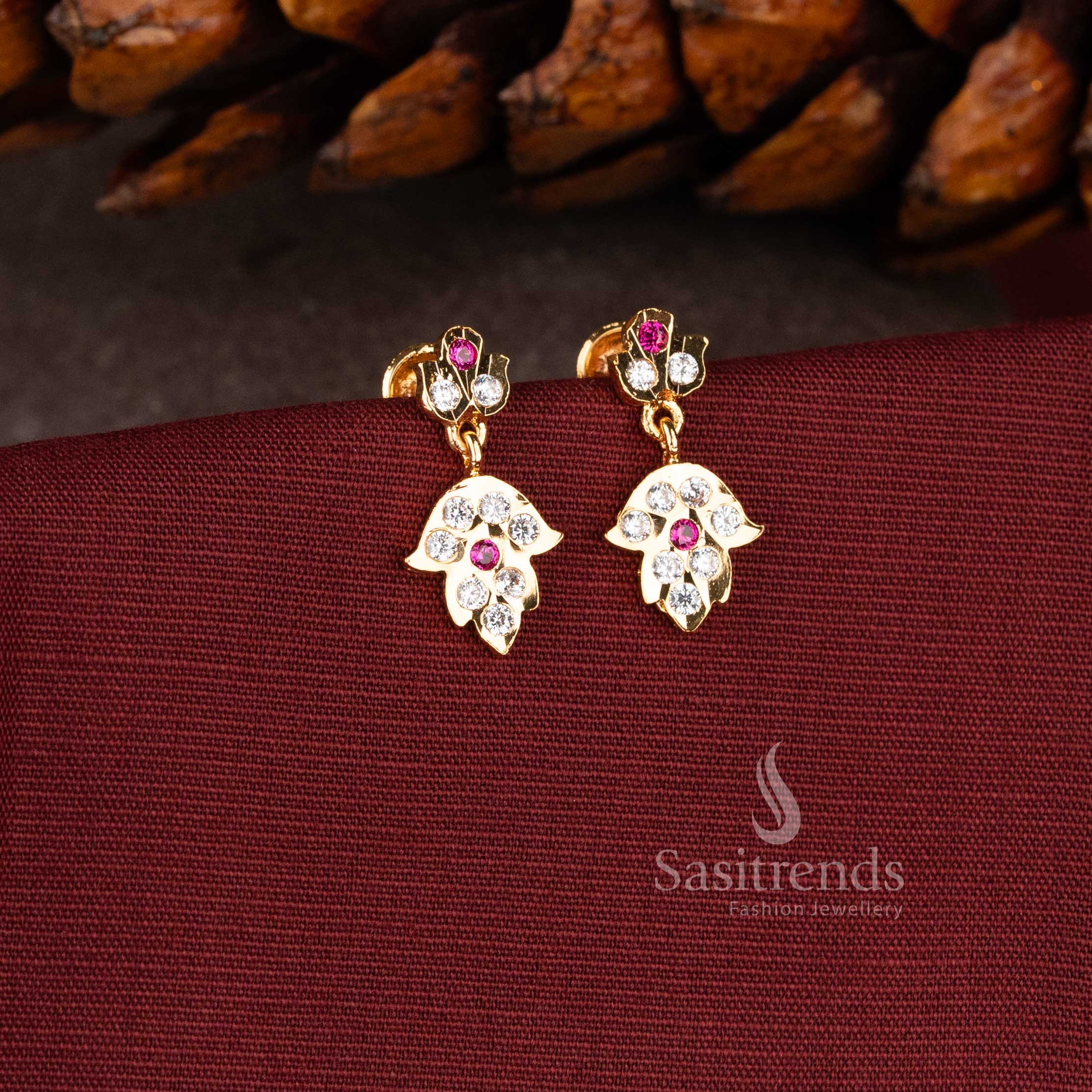 24K One Gram Gold Impon Floral Leaf Drop Earrings with AD Stone – Sasitrends - Image 2