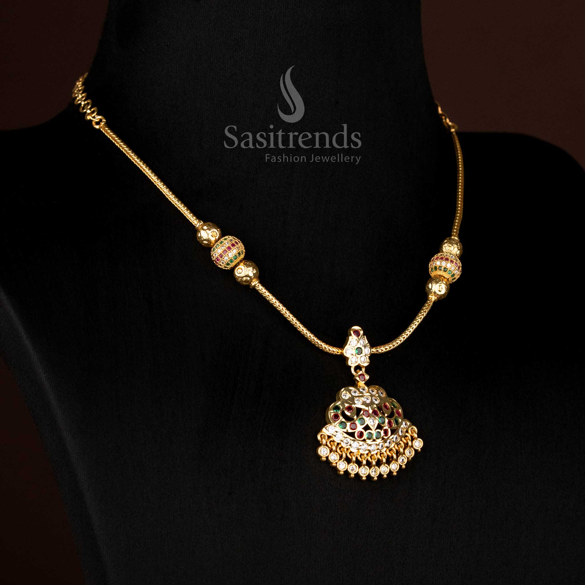 Impon Addigai Micro Gold Plated AD Necklace with Multi-Layer Dome Pendant and Floral Connector – 24K Pure Gold Plated One Gram Finish - Image 3