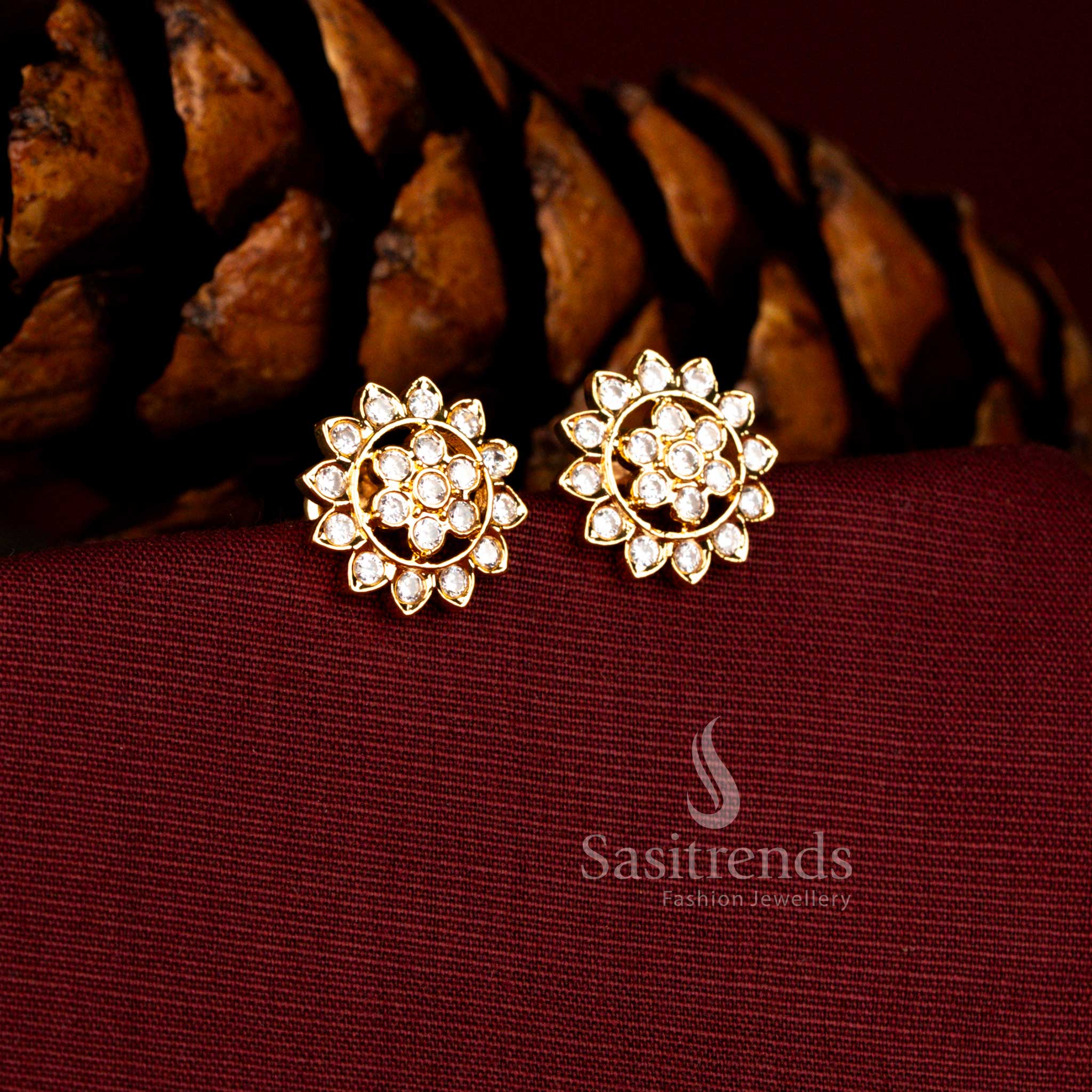 Impon Addigai Micro Gold Plated AD Stone Two-Layered Flower Stud Earrings – Traditional Temple Wear - Image 4