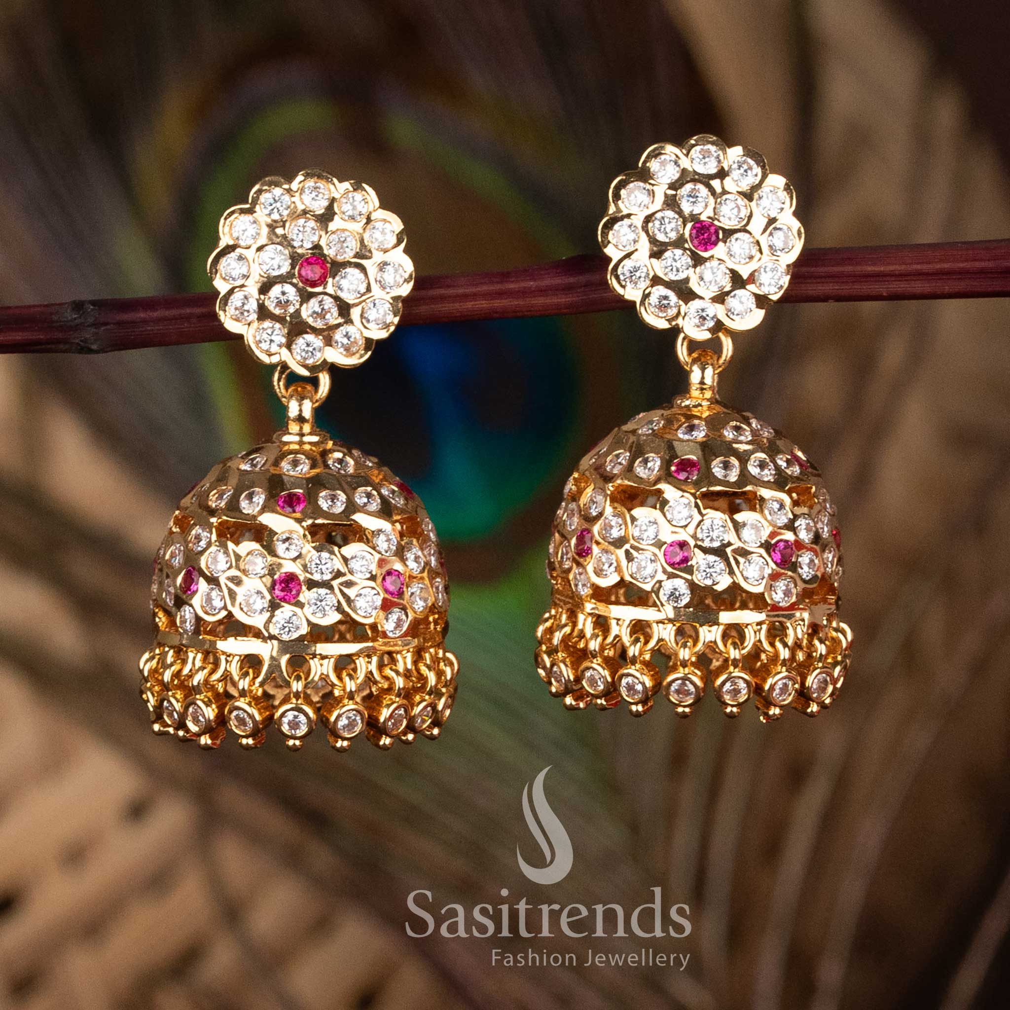 Impon Addigai Micro Gold Plated AD Stone Floral Cluster Stud Jhumka Earrings – Premium Temple Wear - Image 2