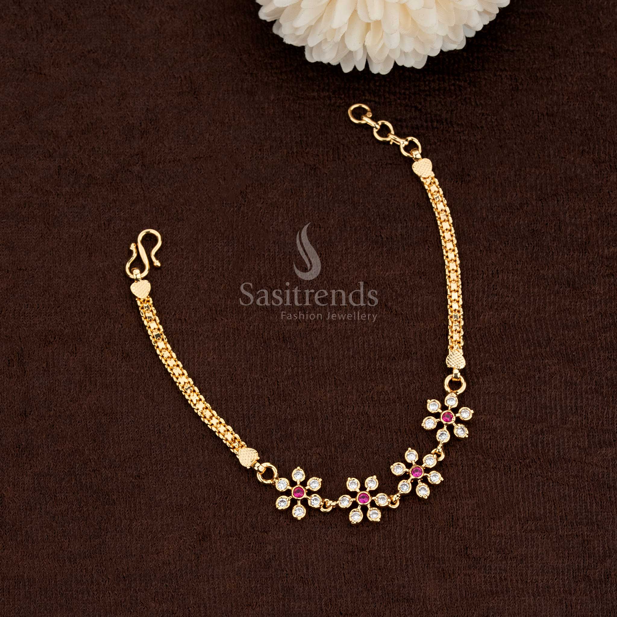 Traditional Impon Addigai Micro Gold Plated Spiral Floral AD Stone Bracelet Set - Sasitrends - Image 3