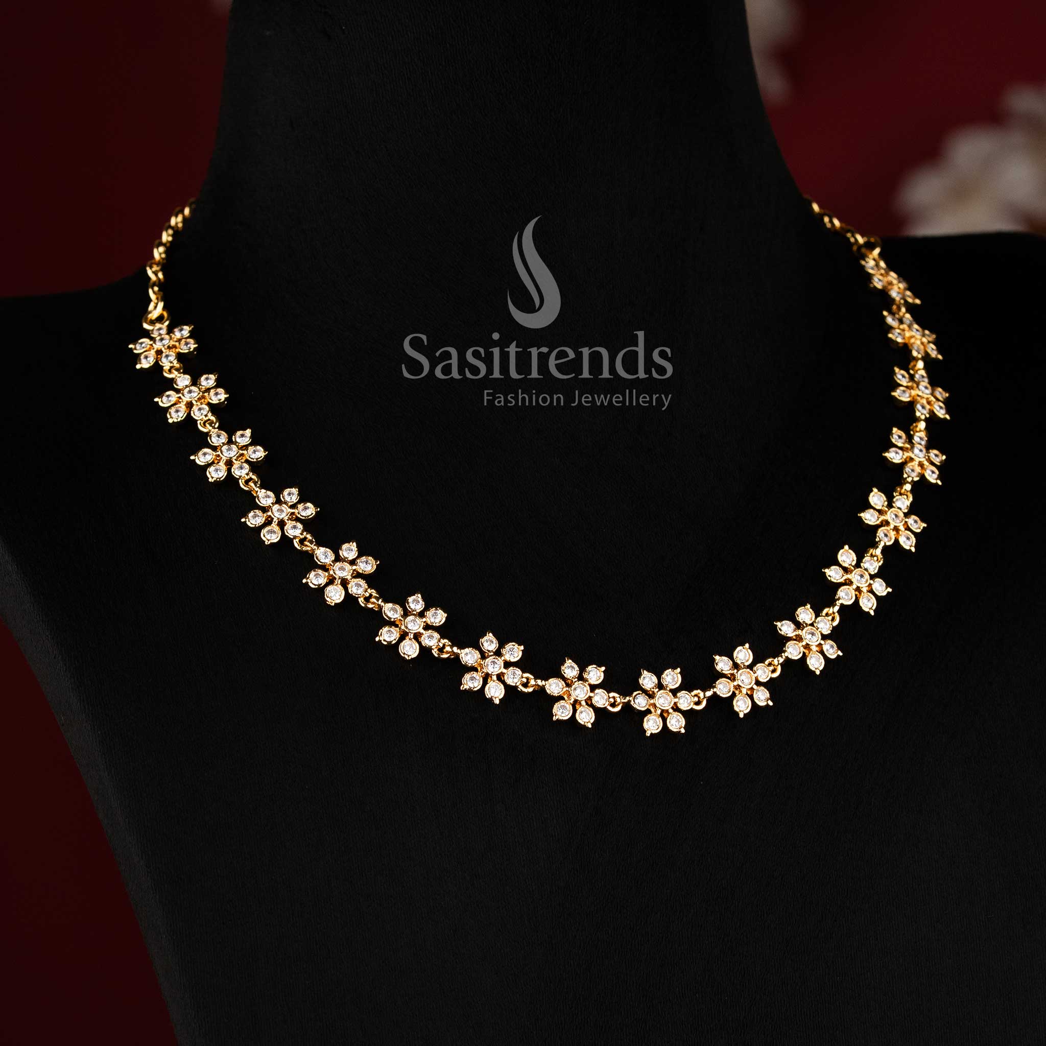 Elegant Impon Micro Gold Plated American Diamond Floral Cluster Addigai Necklace - Sasitrends