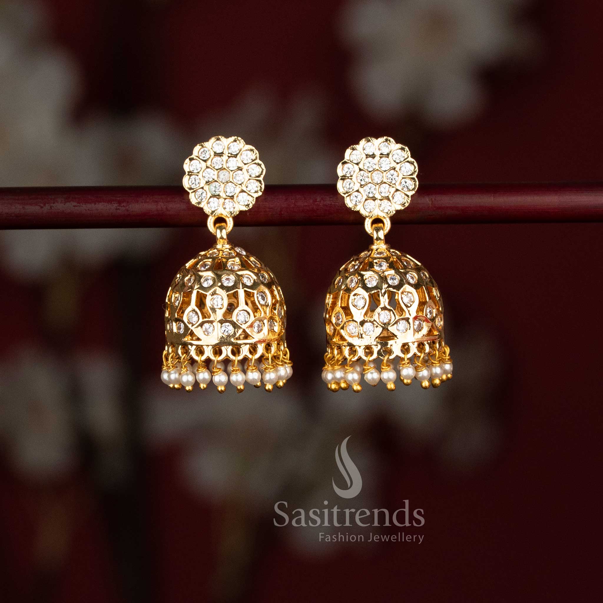 Impon Micro Gold Plated AD Stone Floral Top Pearl Jhumka Earrings – Sasitrends - Image 2