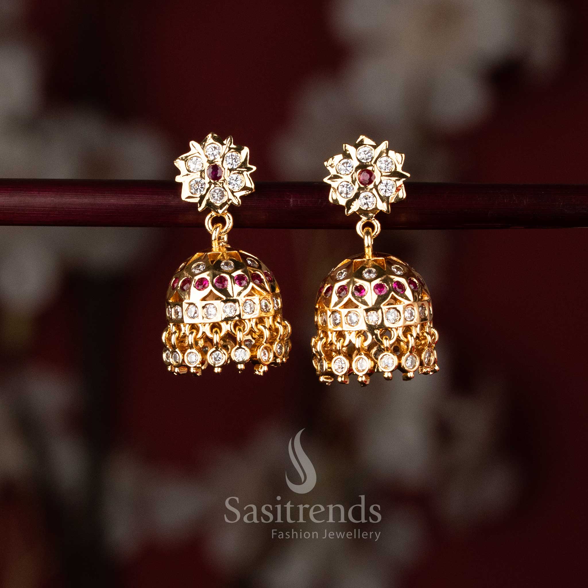 Impon Micro Gold Plated AD Stone Starburst Floral Jhumka Earrings - Sasitrends - Image 2