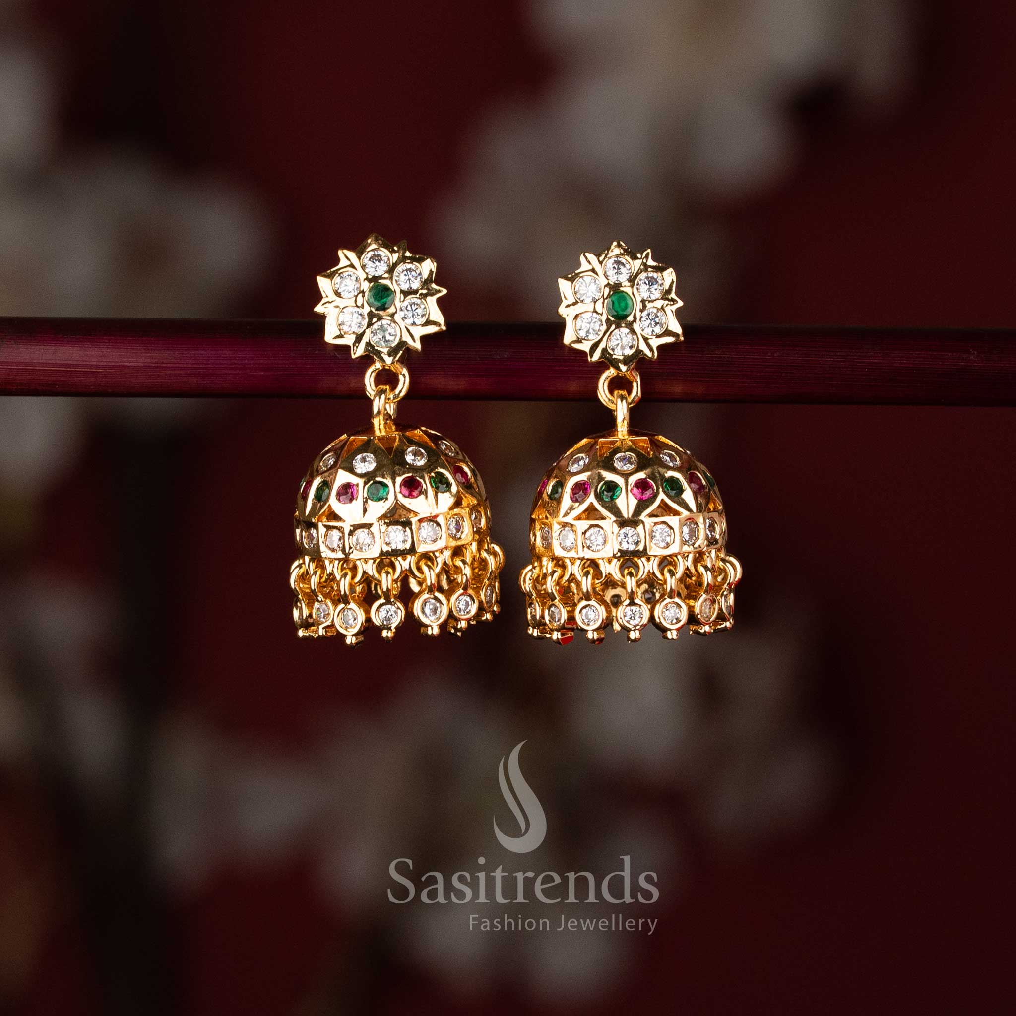Impon Micro Gold Plated AD Stone Starburst Floral Jhumka Earrings - Sasitrends - Image 3