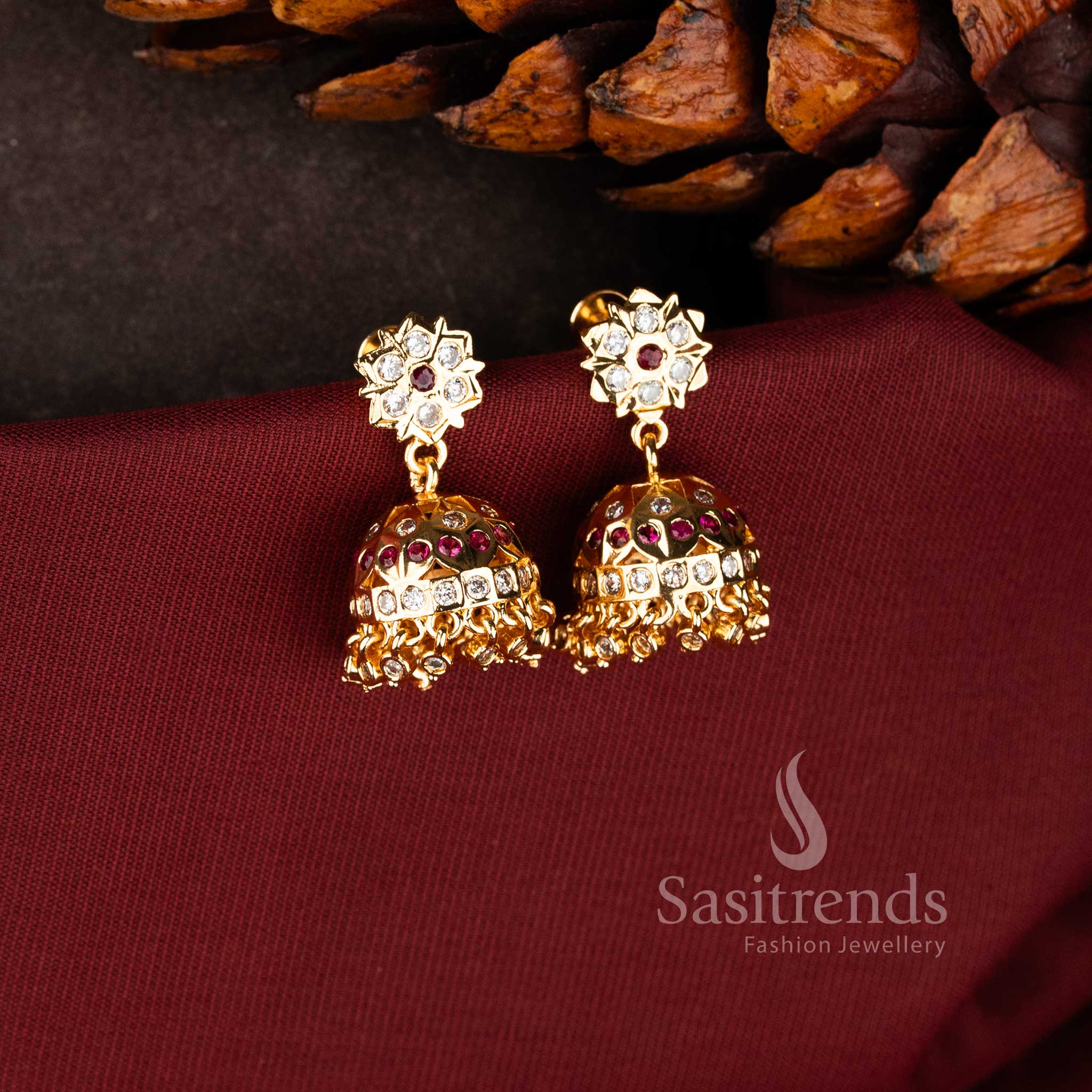 Impon Micro Gold Plated AD Stone Starburst Floral Jhumka Earrings - Sasitrends - Image 6