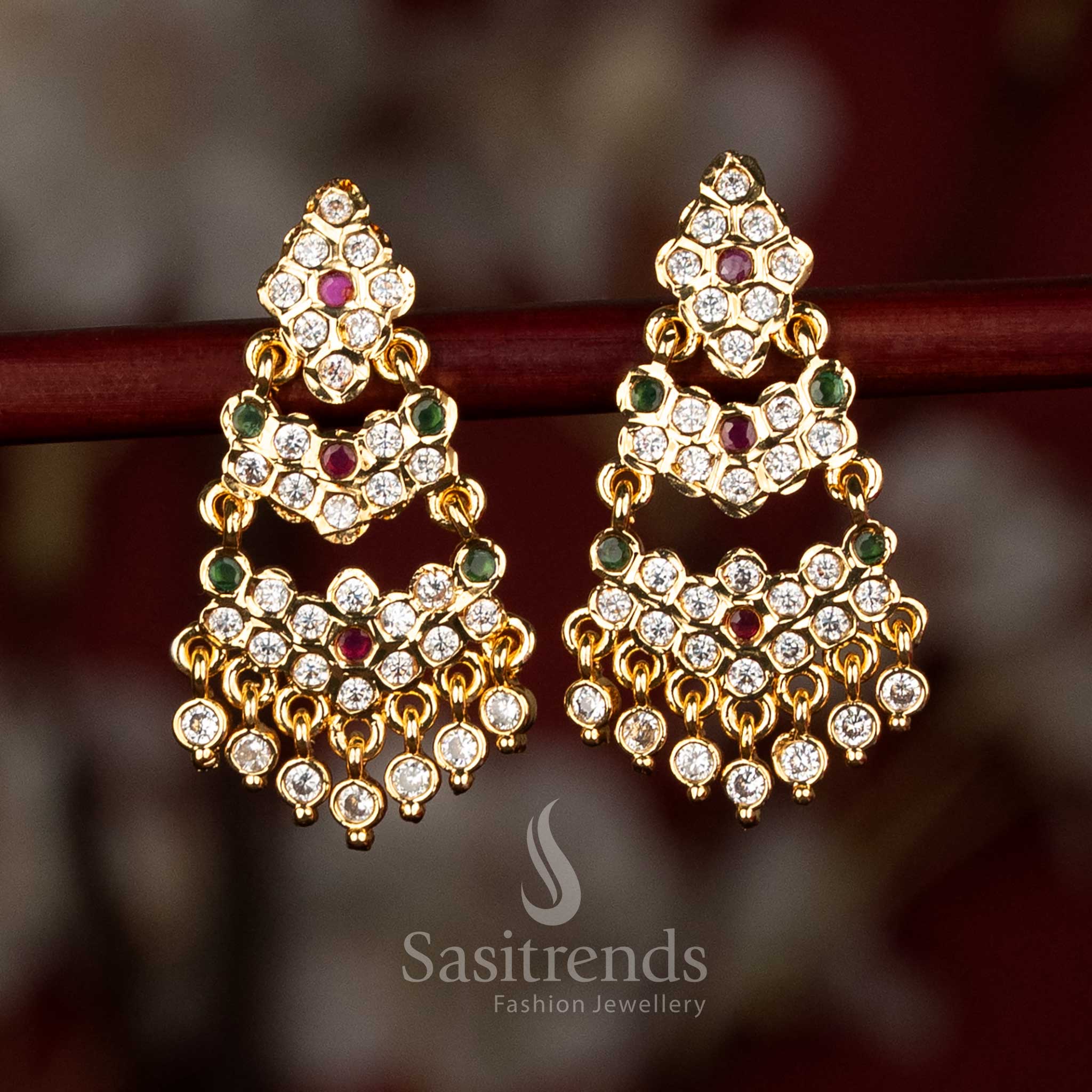 Impon Micro Gold Plated Diamond-Cut Stud Earrings with Dual-Layer Arch & AD Stones for Traditional Festive & Cultural Styling - Image 2