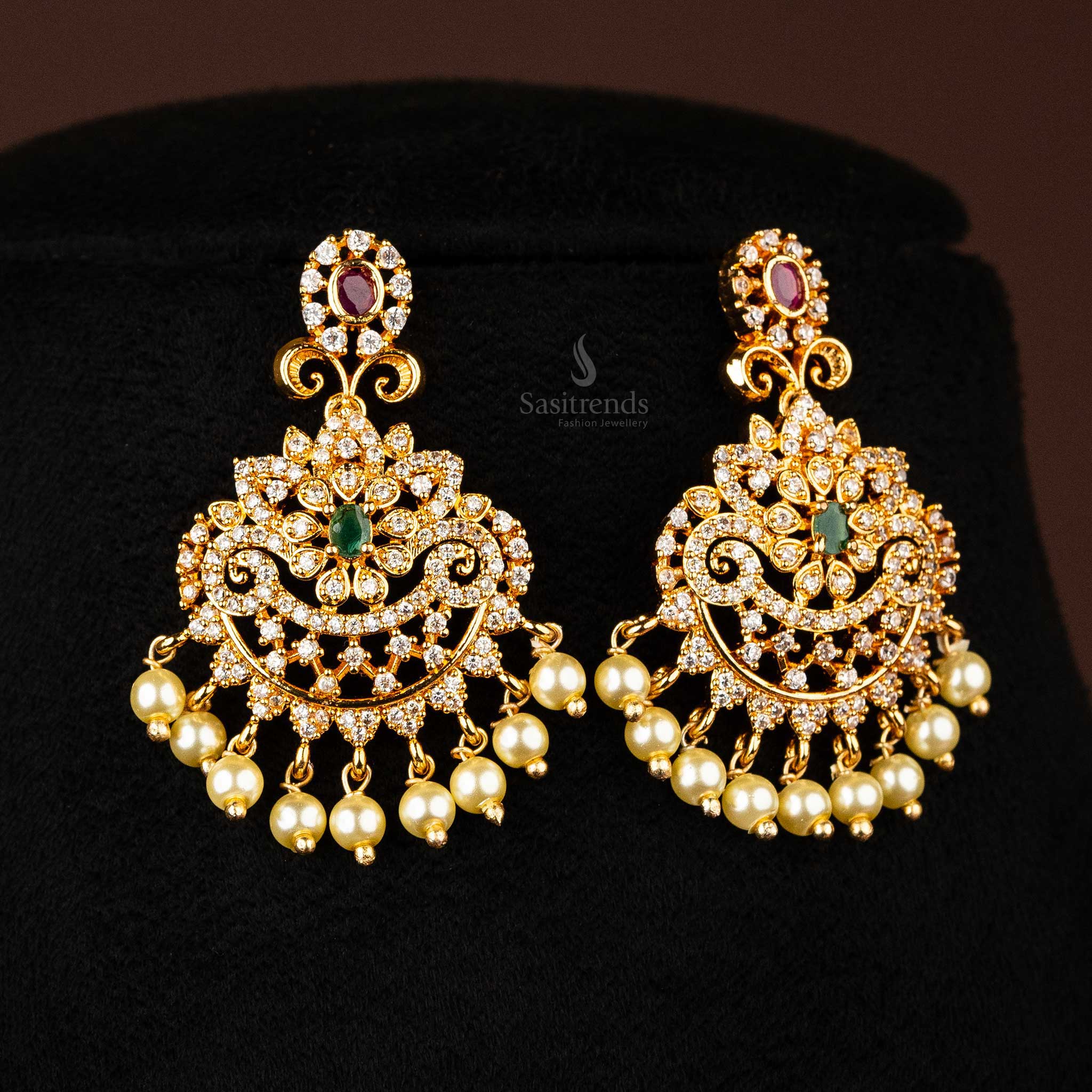 Intricate Floral Design Micro Gold Plated American Diamond Necklace Jewellery Set with Pearls - Sasitrends - Image 5