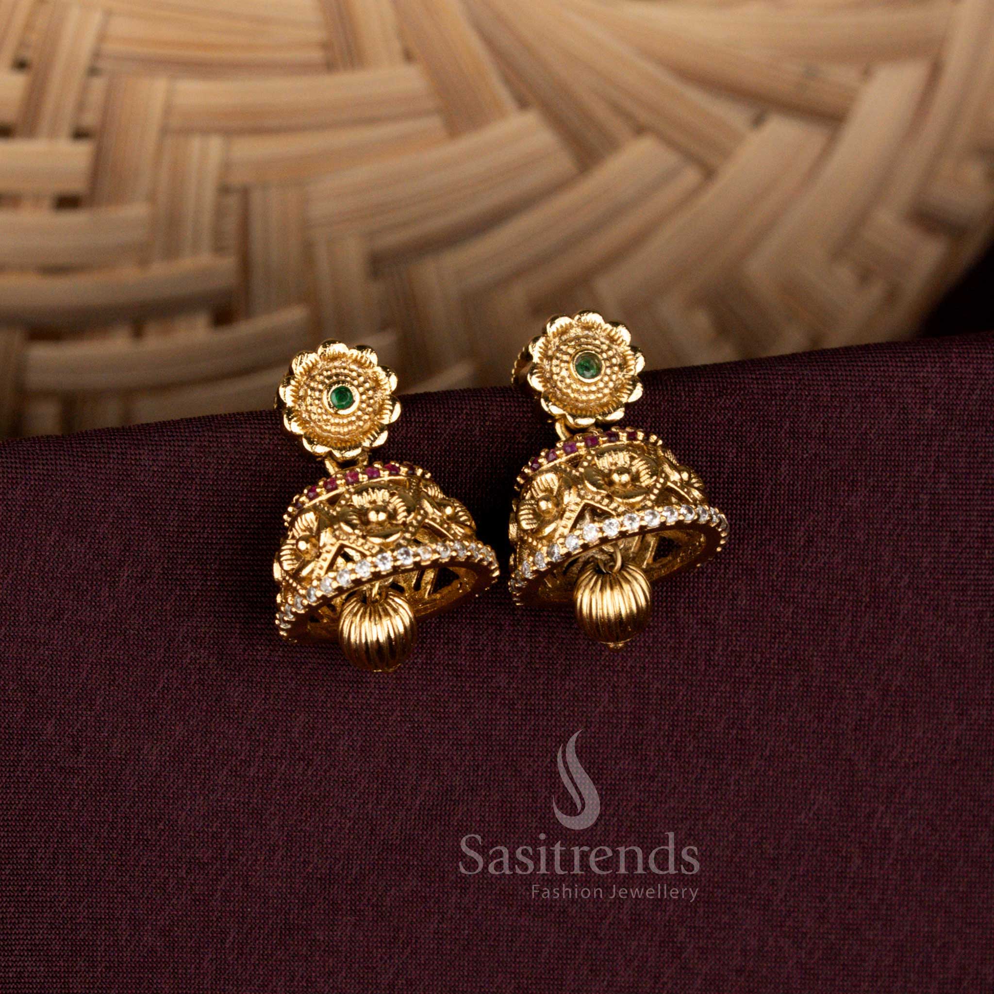 Intricate Matte Gold Plated Floral Jhumka Earrings with Embellished Dome and Bead Drop - Image 2