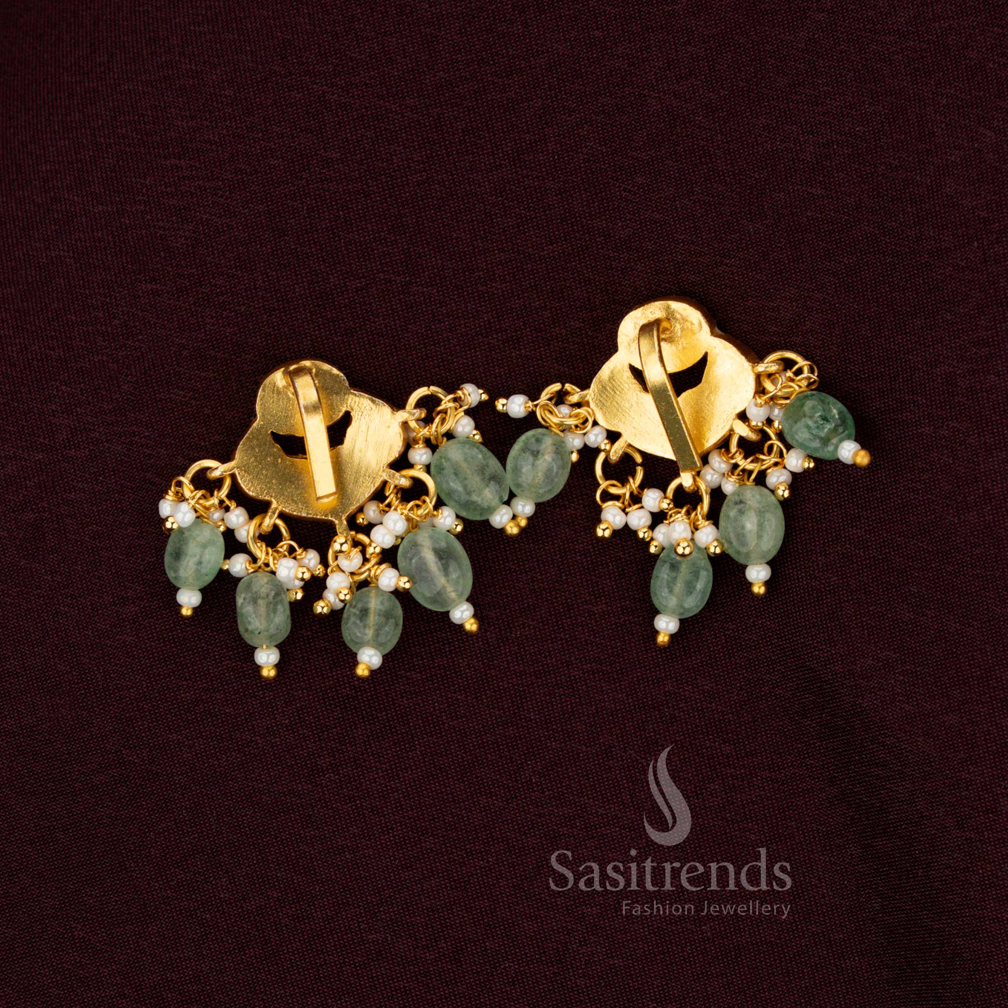 Chandelier Design with Kundan, Green Beads & Pearls - 24K Gold Plated Jadau Bugadi Earrings - Image 2