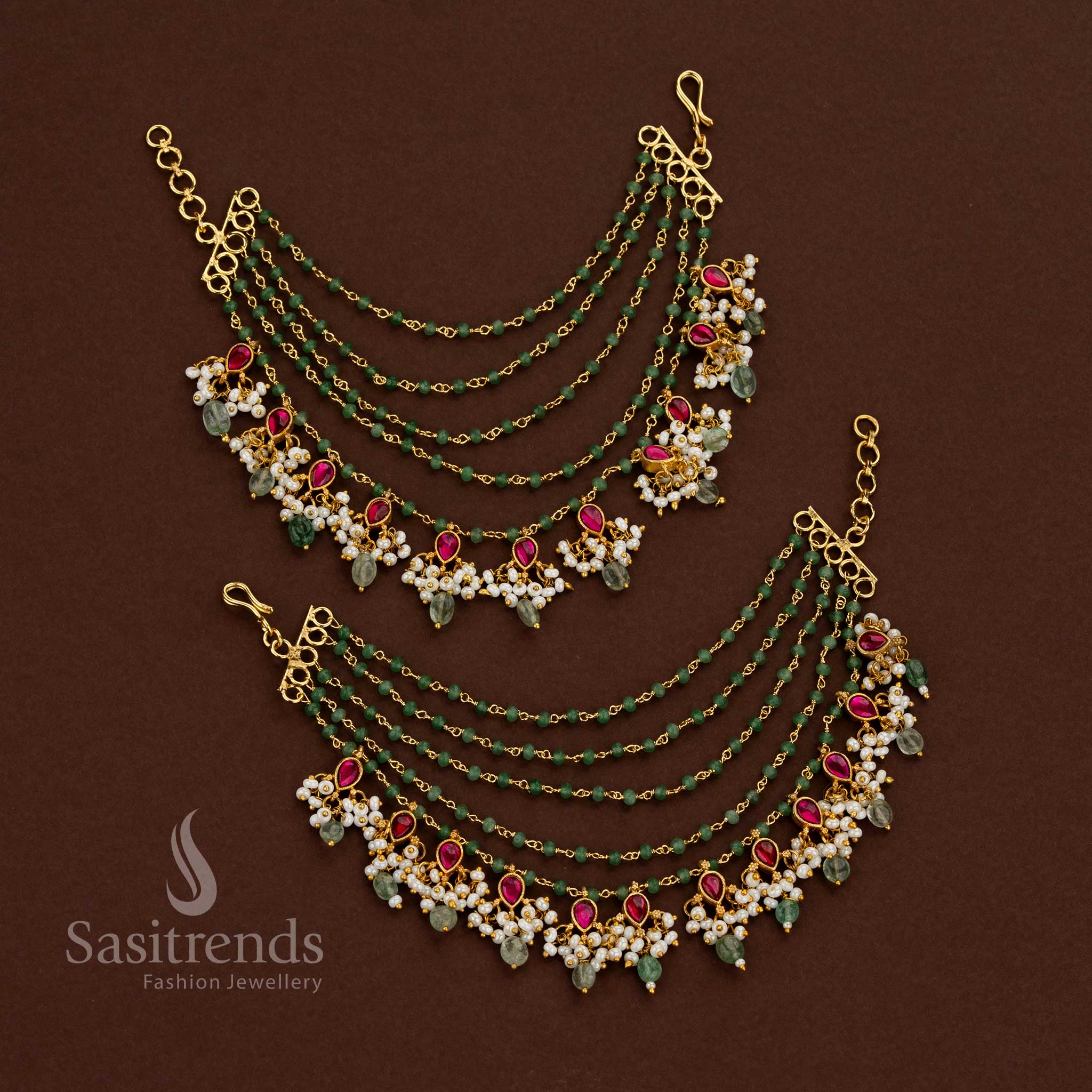 Jadau Kundan Gold Plated 5 Layer Teardrop Stone Matil with Golden, Green Beads & Pearls for Weddings & Festive Functions - Image 2