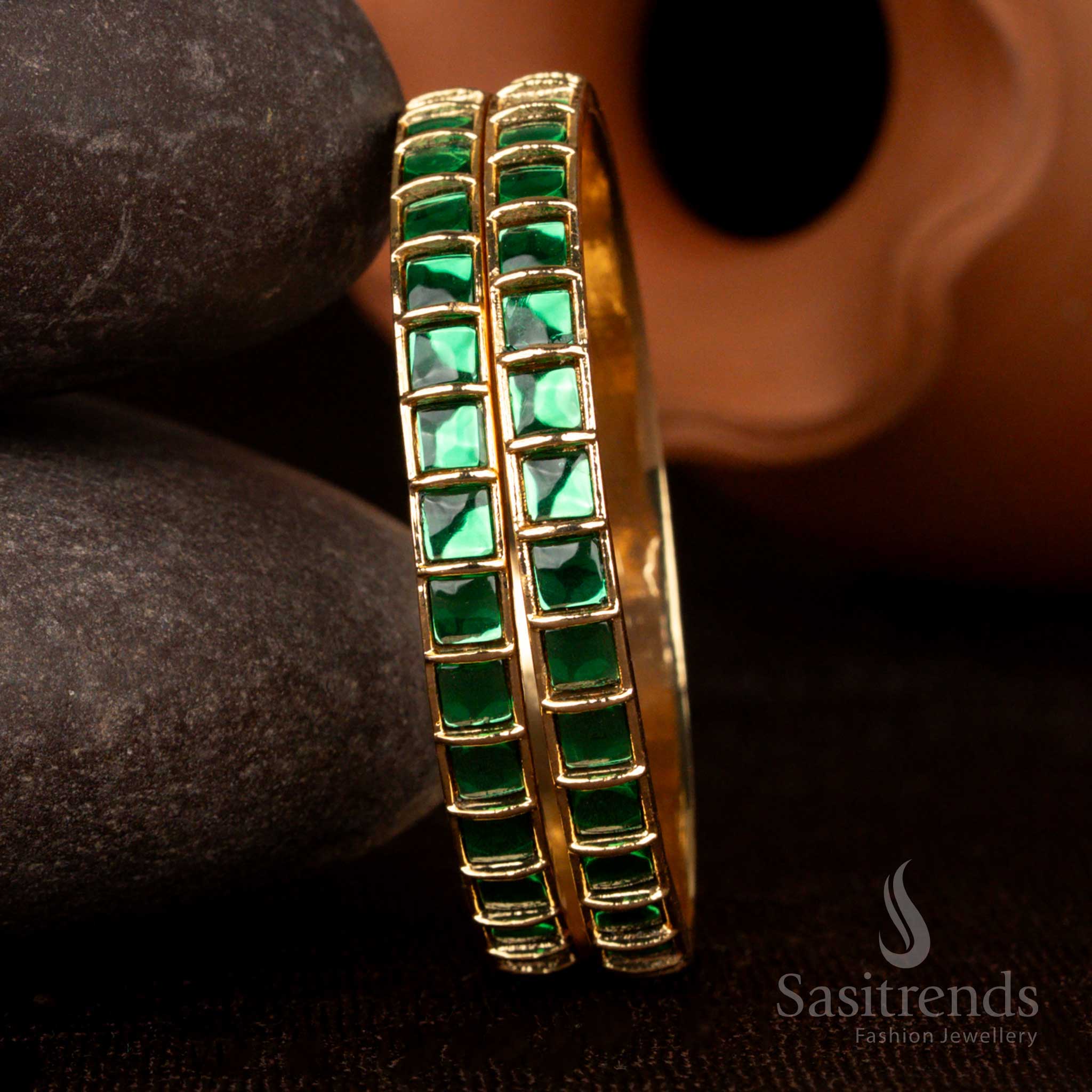 Guaranteed Micro Gold Plated Jadau Kundan Stone Square-Cut Bangles for Traditional Festive and Wedding Wear - Image 2