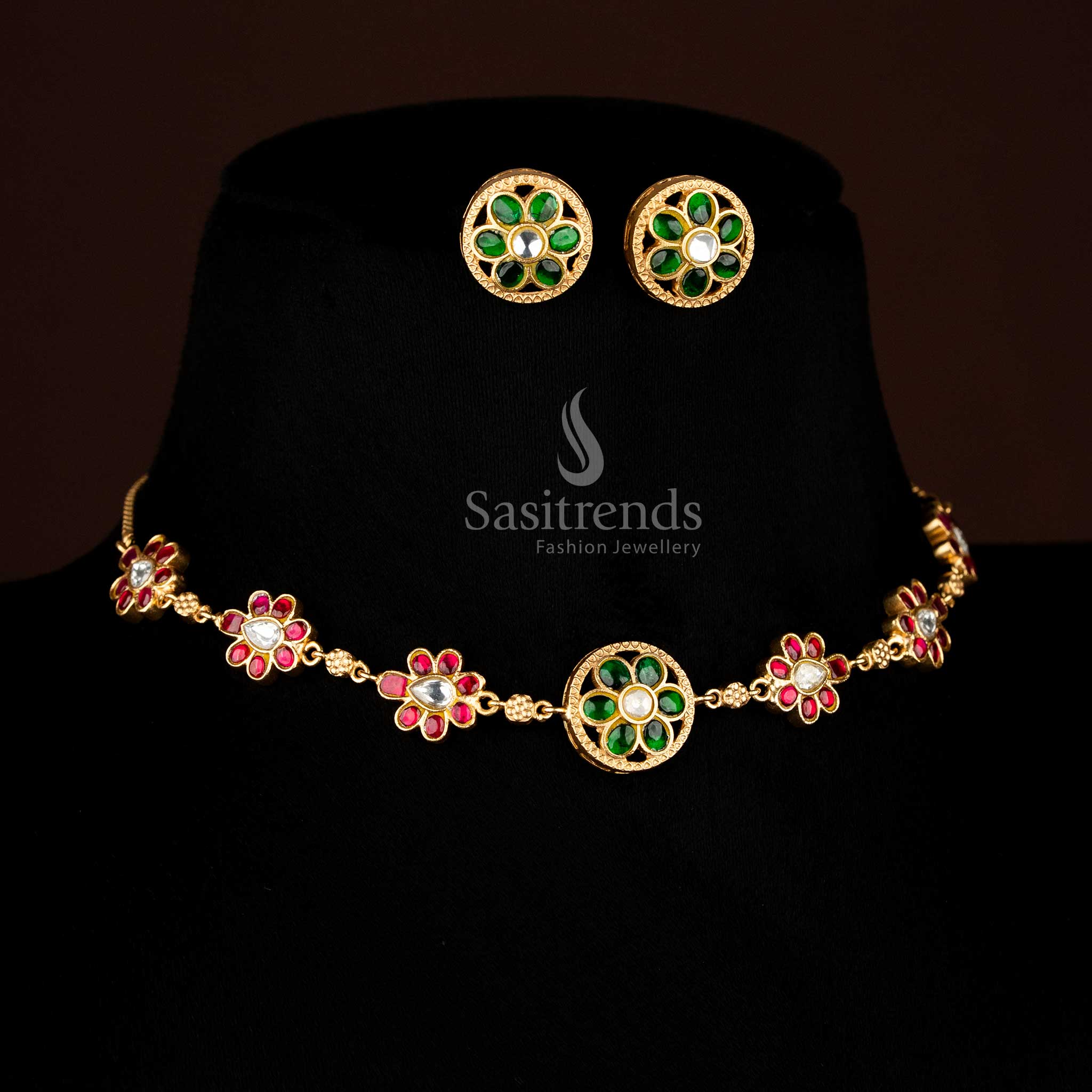 Radiant Jadau 24K Gold Plated Round Floral Necklace Set for Temple & Cultural Celebrations - Image 4