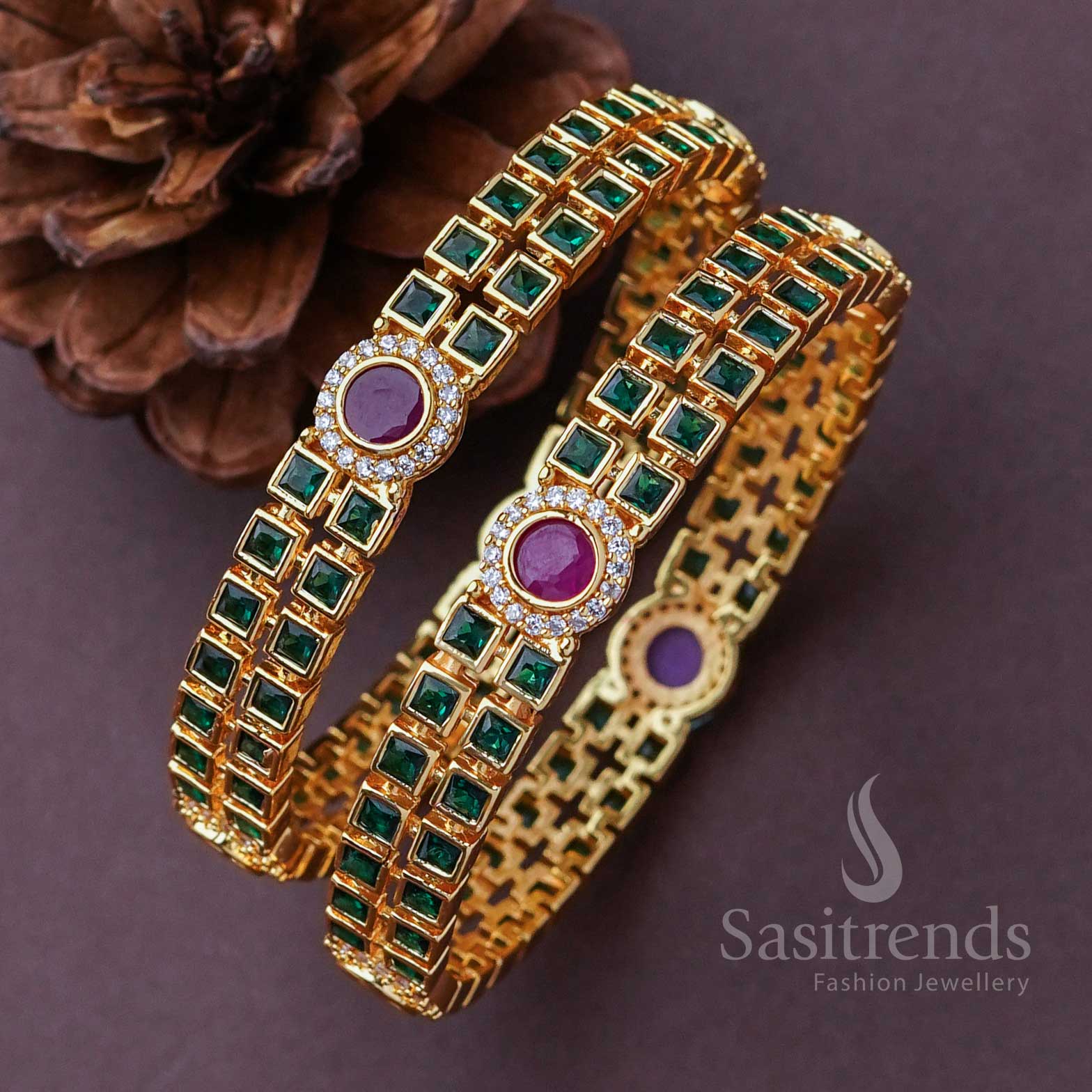 Exquisite Micro Gold Plated Bangles with American Diamond Stone Motifs | Sasitrends - Image 3
