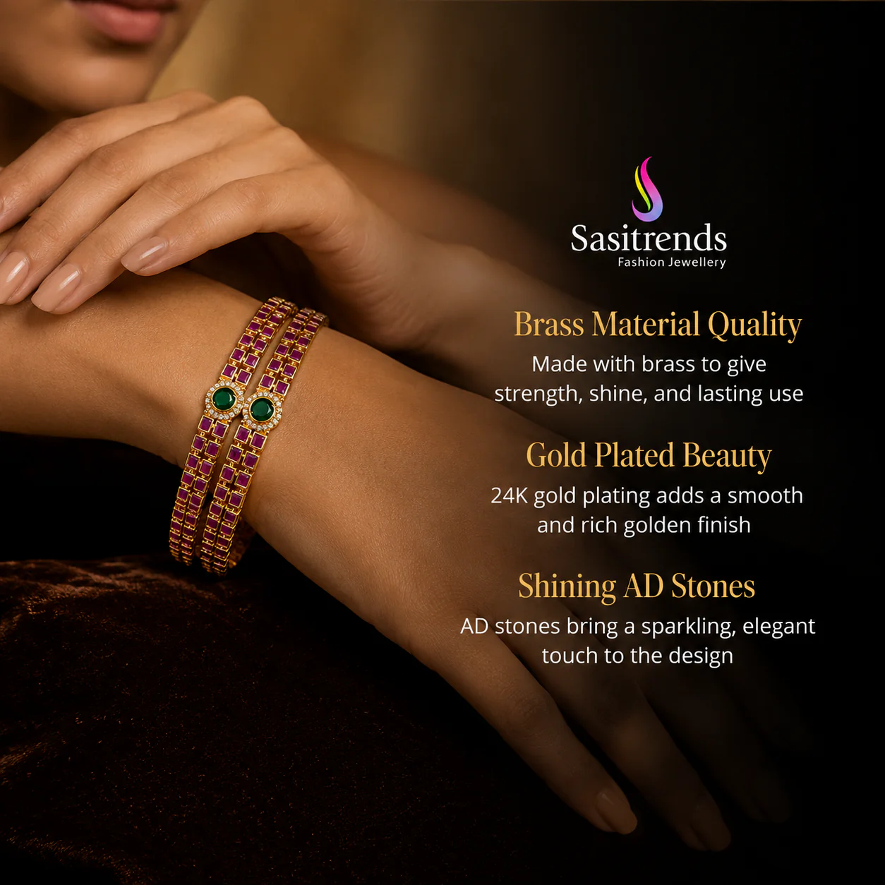 Exquisite Micro Gold Plated Bangles with American Diamond Stone Motifs | Sasitrends - Image 9