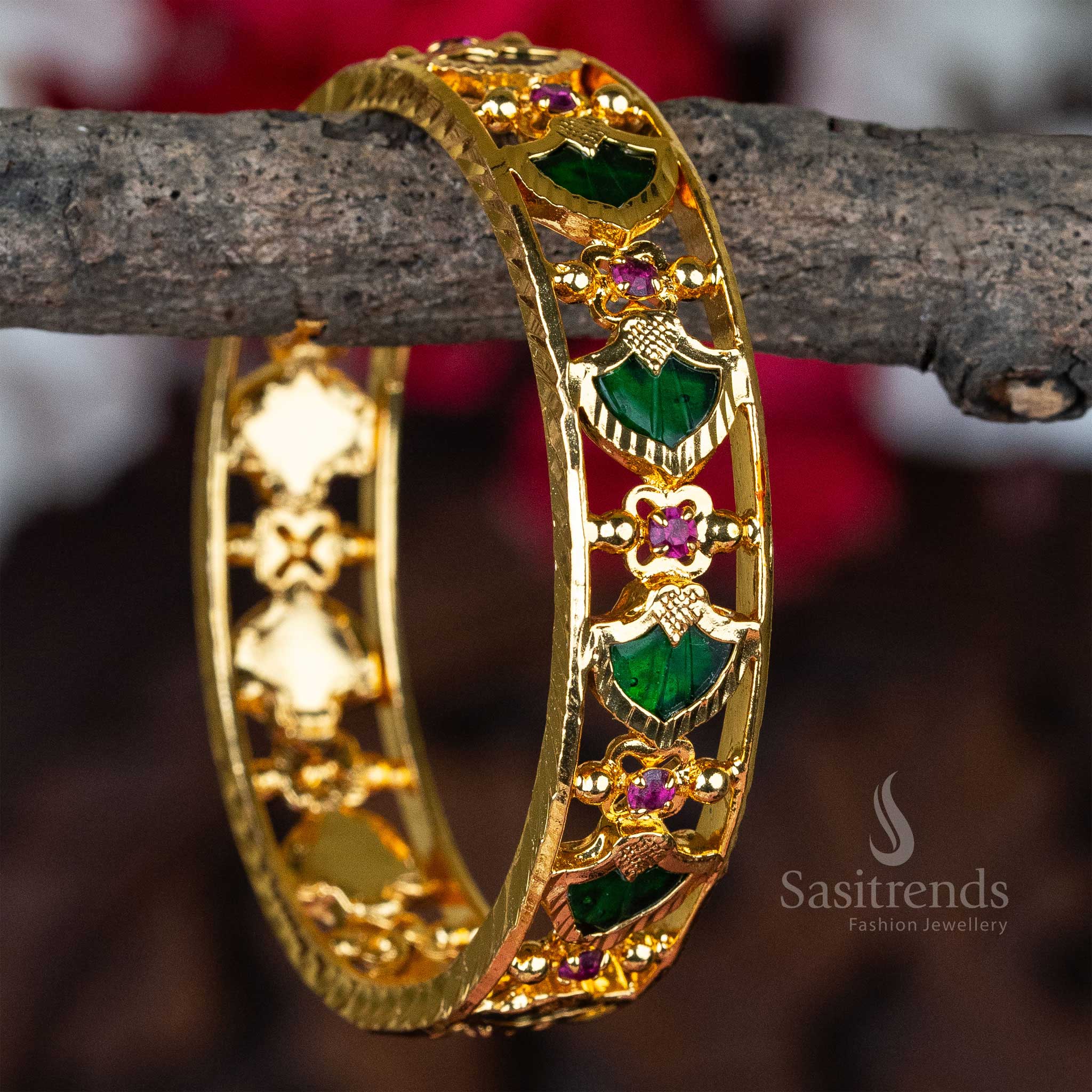 Kerala Traditional Wear Micro Gold Plated Palakka Bangles - Guaranteed Pink Green Petals | Sasitrends