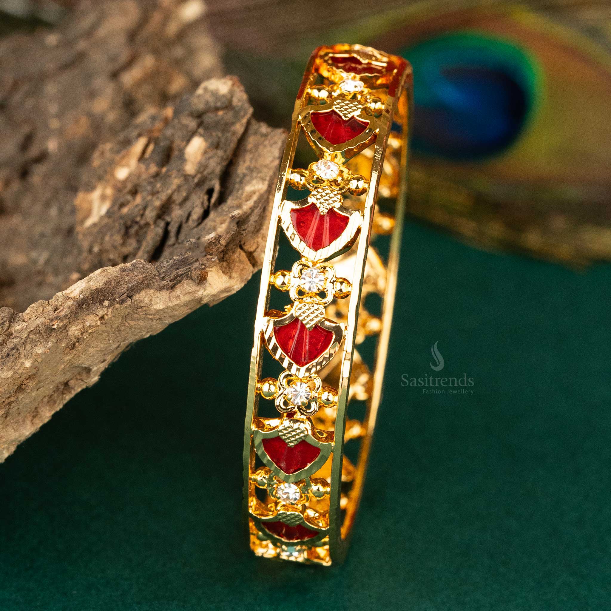Kerala Traditional Wear Micro Gold Plated Palakka Bangles - Guaranteed Pink Green Petals | Sasitrends - Image 2