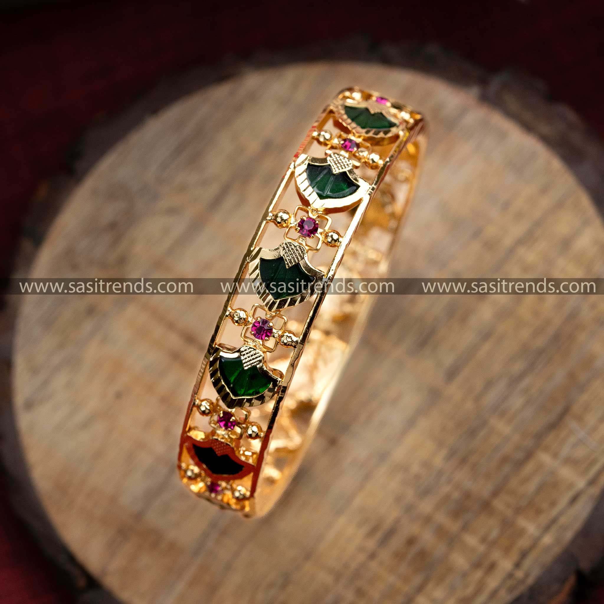 Kerala Traditional Wear Micro Gold Plated Palakka Bangles - Guaranteed Pink Green Petals | Sasitrends - Image 8