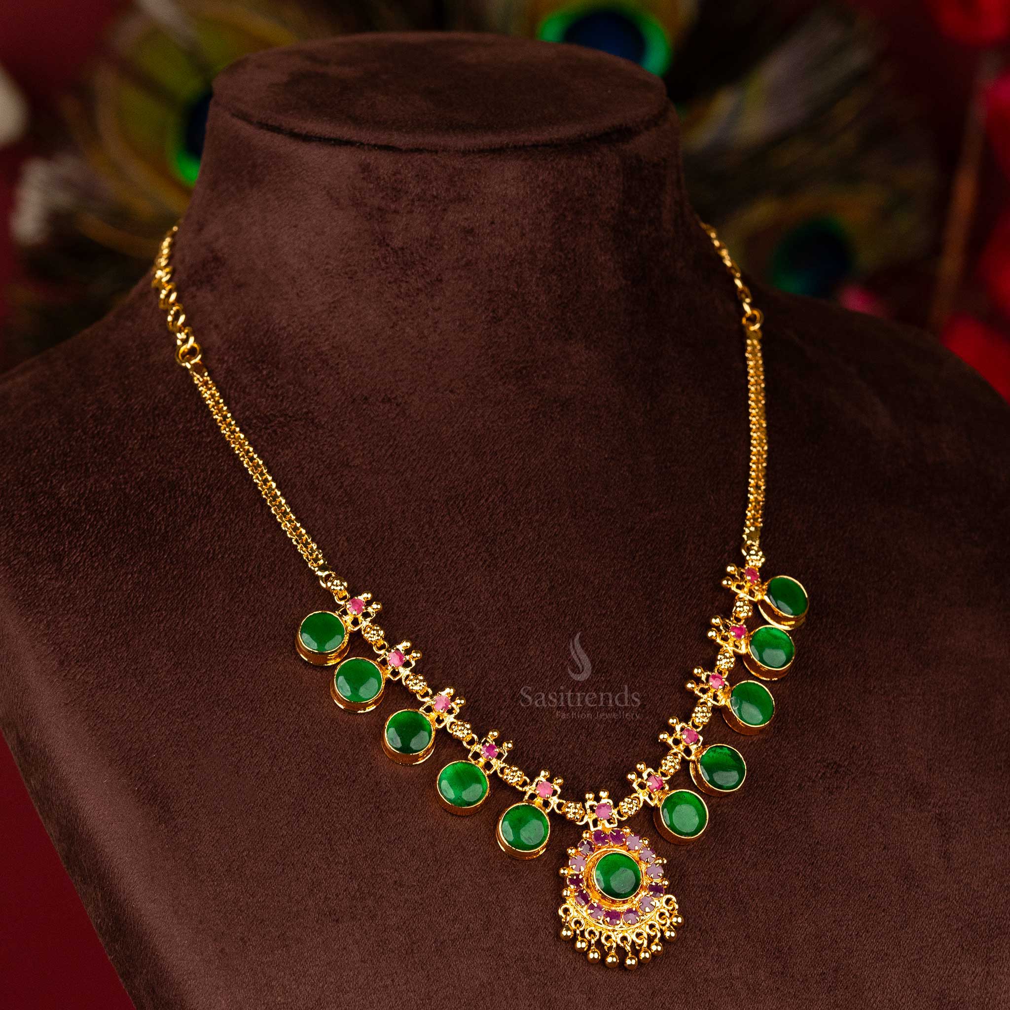 Kerala Palakka Round Motif Necklace with Circular Pendant and Hanging Balls - One Gram Micro Gold Plated | Sasitrends