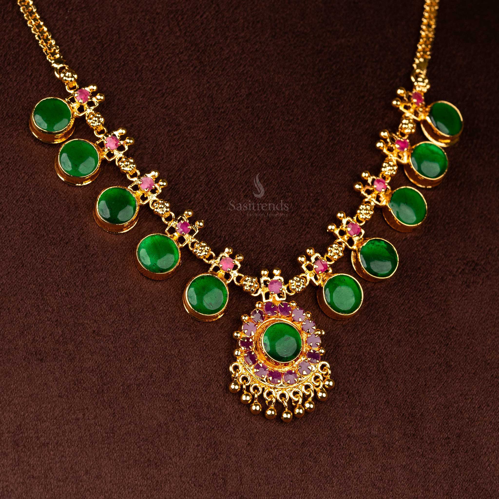 Kerala Palakka Round Motif Necklace with Circular Pendant and Hanging Balls - One Gram Micro Gold Plated | Sasitrends - Image 3