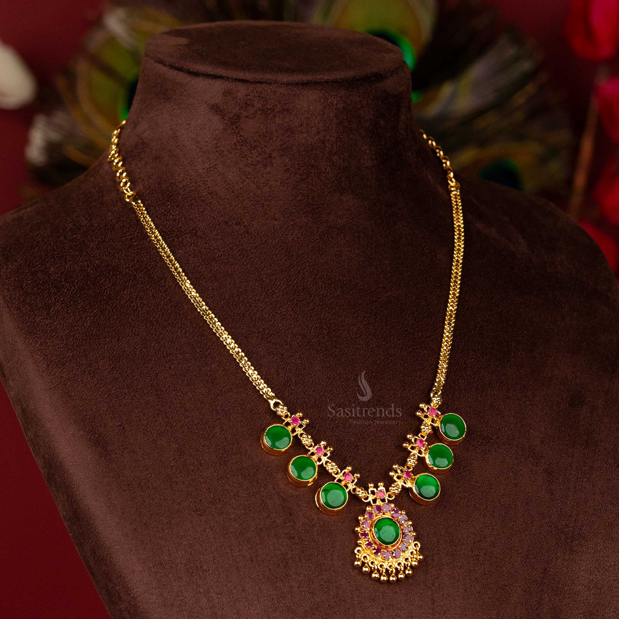 Kerala Palakka Round Motif Necklace with Circular Pendant and Hanging Balls - One Gram Micro Gold Plated | Sasitrends - Image 5