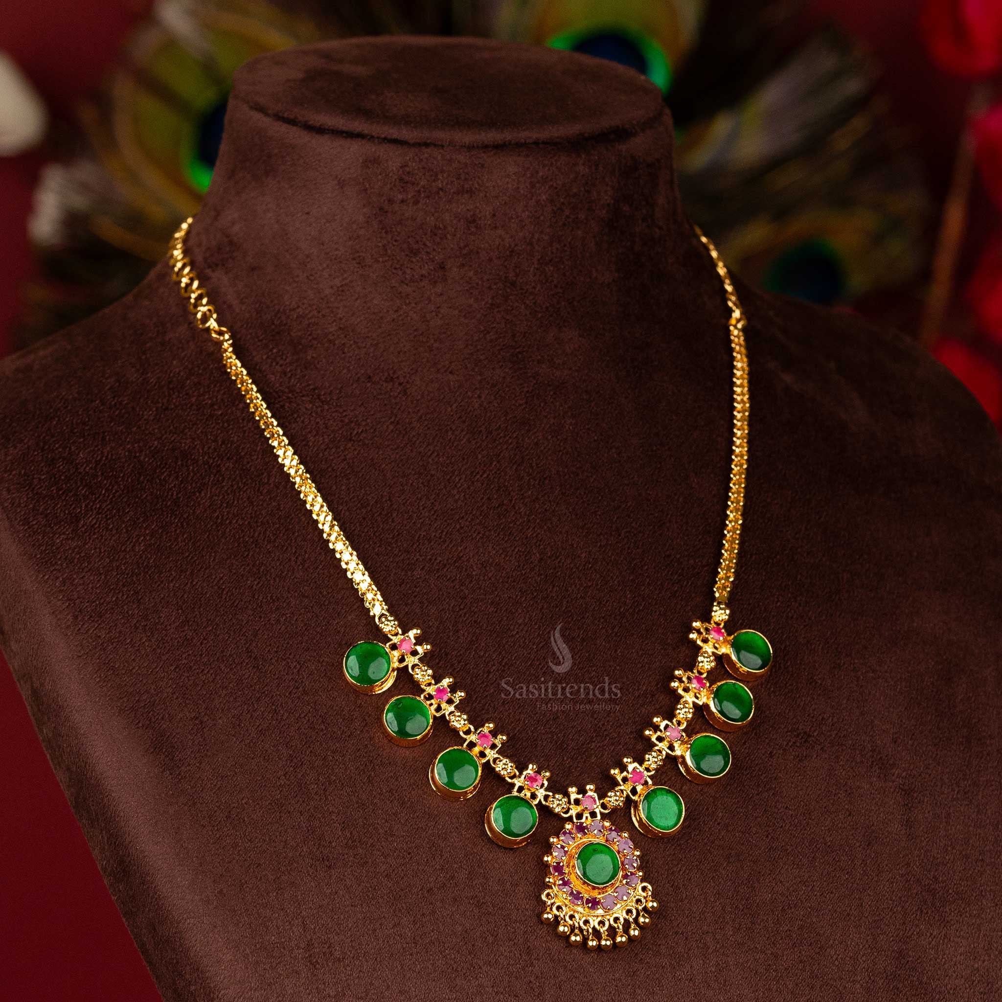 Kerala Palakka Round Motif Necklace with Circular Pendant and Hanging Balls - One Gram Micro Gold Plated | Sasitrends - Image 6